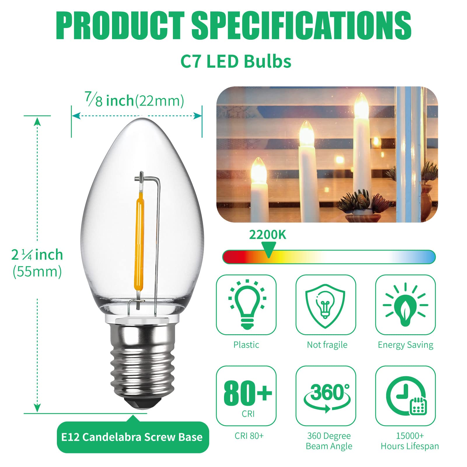 Meconard C7 Led Night Light Bulbs, Shatterproof Led Replacement Bulbs For Window Candles & Chandeliers, E12 Candelabra Base, 0.6 Watt Equivalent To 7Watt Incandescent Bulb, Warm White,6 Pack