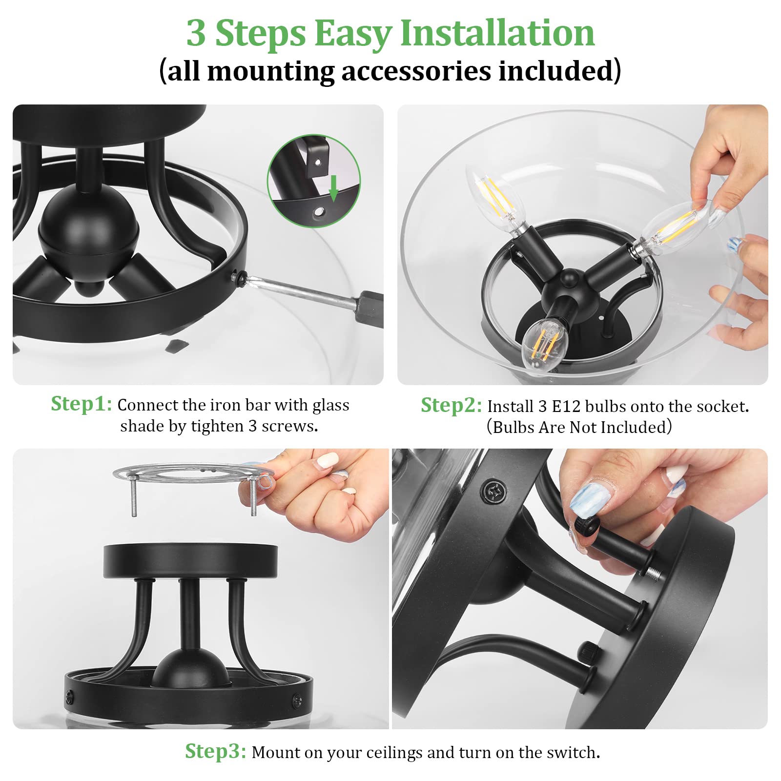 Tobusa Modern Industrial 3-Bulb Black Semi Flush Mount Ceiling Light With Glass Shade