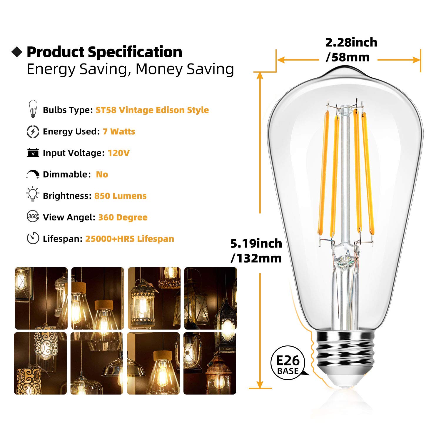 Brightever 12-Pack LED Edison Light Bulbs, 7W 60W Equivalent, 850 Lumens, 3000K Soft White, E26 Base, Antique Glass Style
