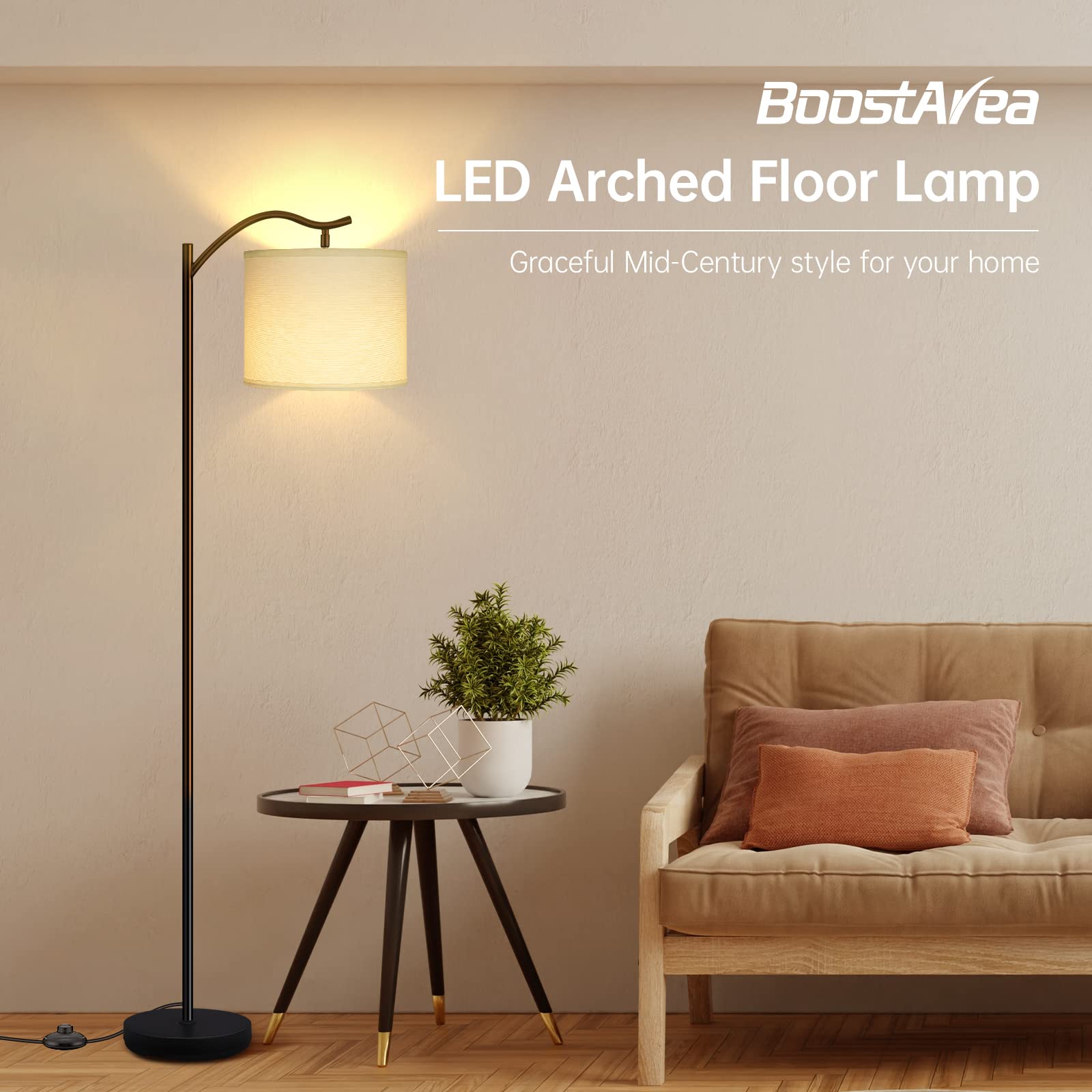 Boostarea Modern Led Arched Floor Lamp With Natural Linen Shade, 3 Brightness Levels, E26 Socket, Footswitch, 63-Inch Tall, Whit