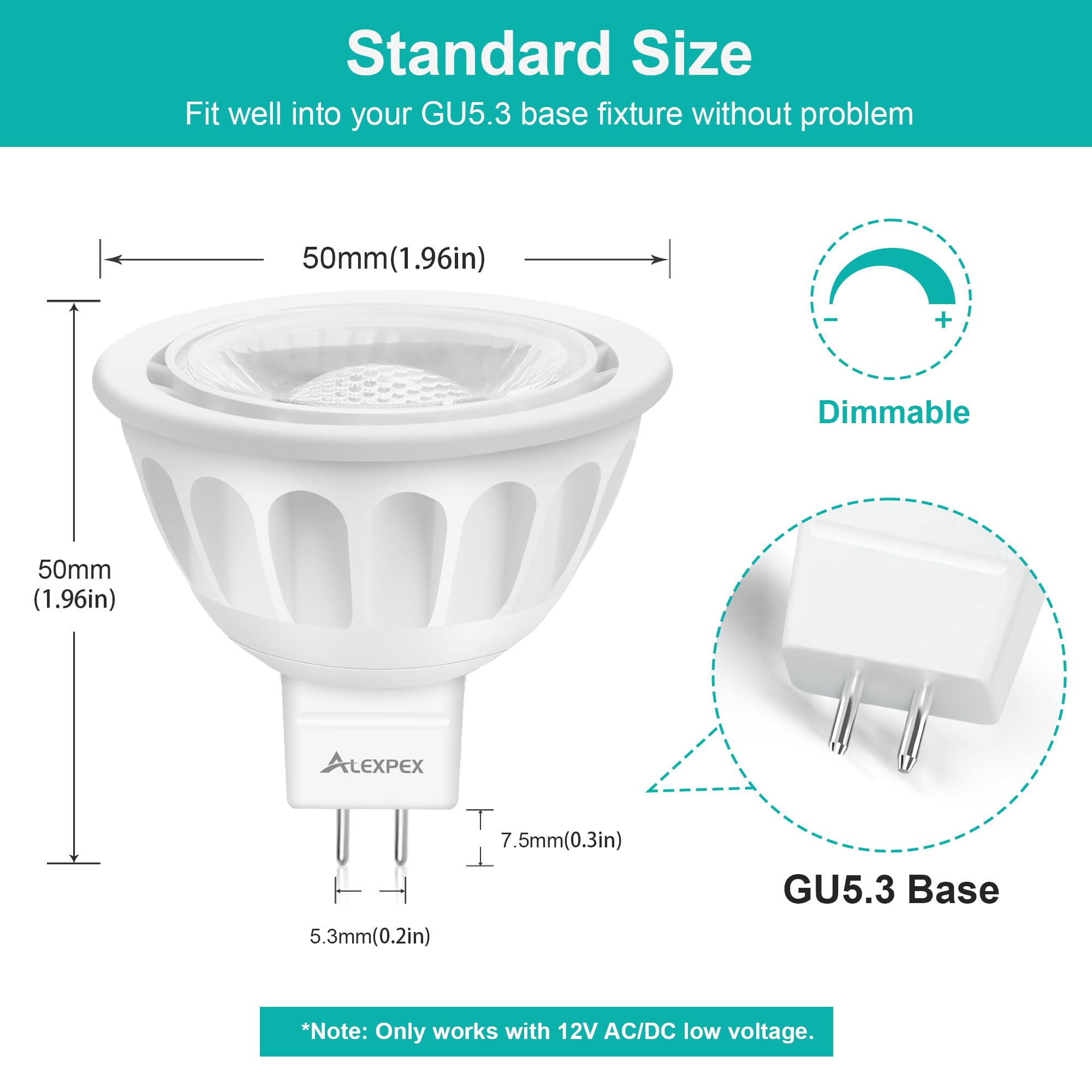 Alexpex Dimmable Mr16 Led Bulbs 10 Pack,5W 5000K Daylight 500Lm (50W Equivalent) Ac/Dc 12V Gu5.3 Bi-Pin Base 40 Beam Angle For I