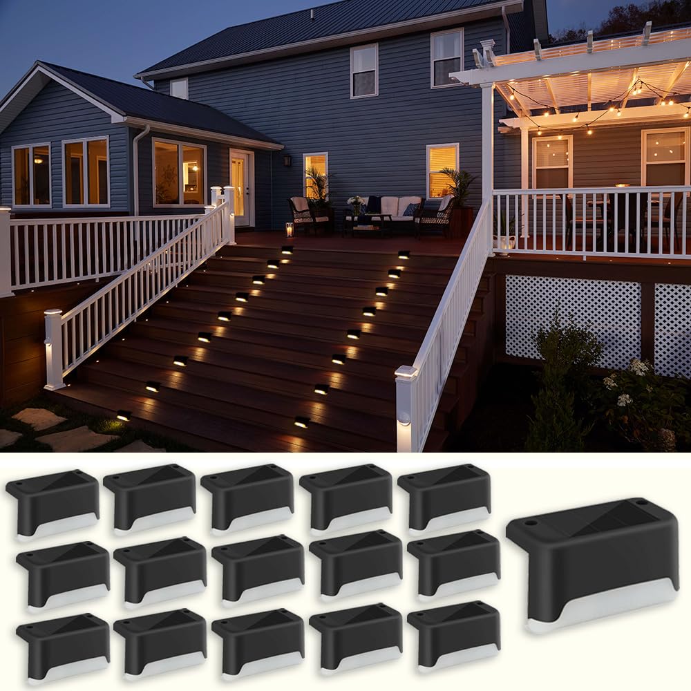 MAIXI Solar Deck Lights Outdoor, 16 PCs LED Fence Lights Waterproof, Garden Decorative Step Lights for Patio Porch Stairs Yard D