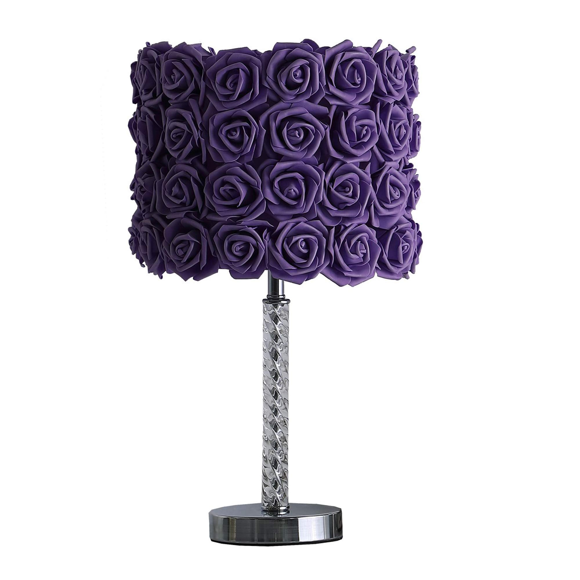 Benjara Bm231815 Bloom Roses Drum Shade Table Lamp With Twisted Acrylic Base, Purple