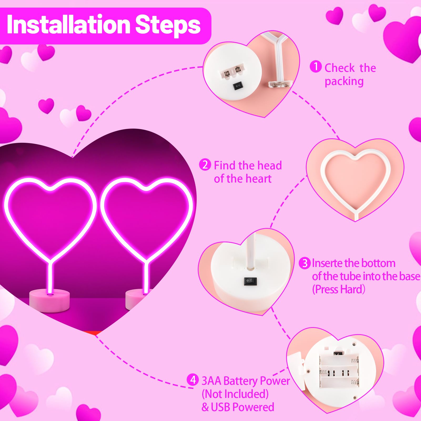 Brightdeck 2 Pack Heart Neon Signs  Led Lights Battery Operated Or Usb Powered Decoration Lamp  Neon Lights Decor For ValentineS Day Gifts  Wedding  Party  Pink Room Decor (Pink Heart)
