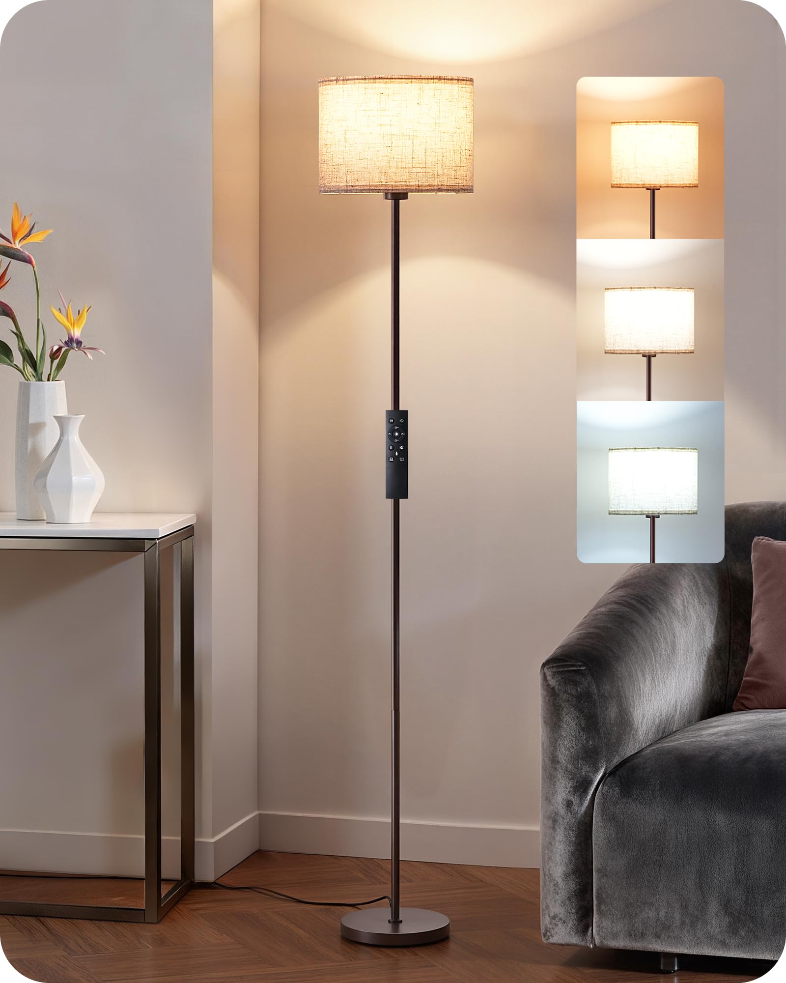 EDISHINE Minimalist Floor Lamp with 2 Shades, Adjustable Brightness & Color Temperature, Remote Control, Dimmable Modern Standin