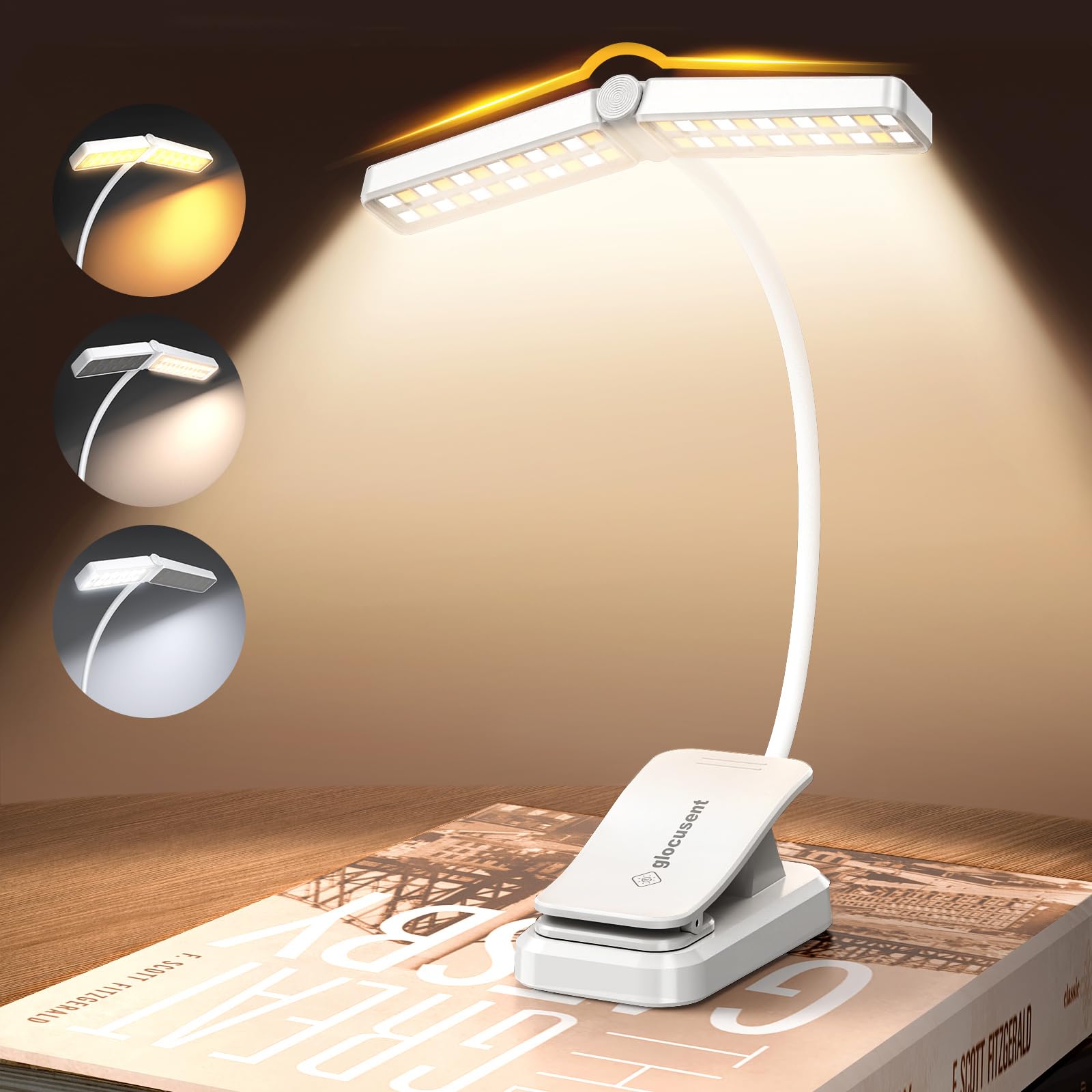 Glocusent Wingy Book Light, 48 LED Reading Light with Sleep Aid & Timer, 2-Switch, 5 Brightness & 3-Color Rechargeable Clip on B