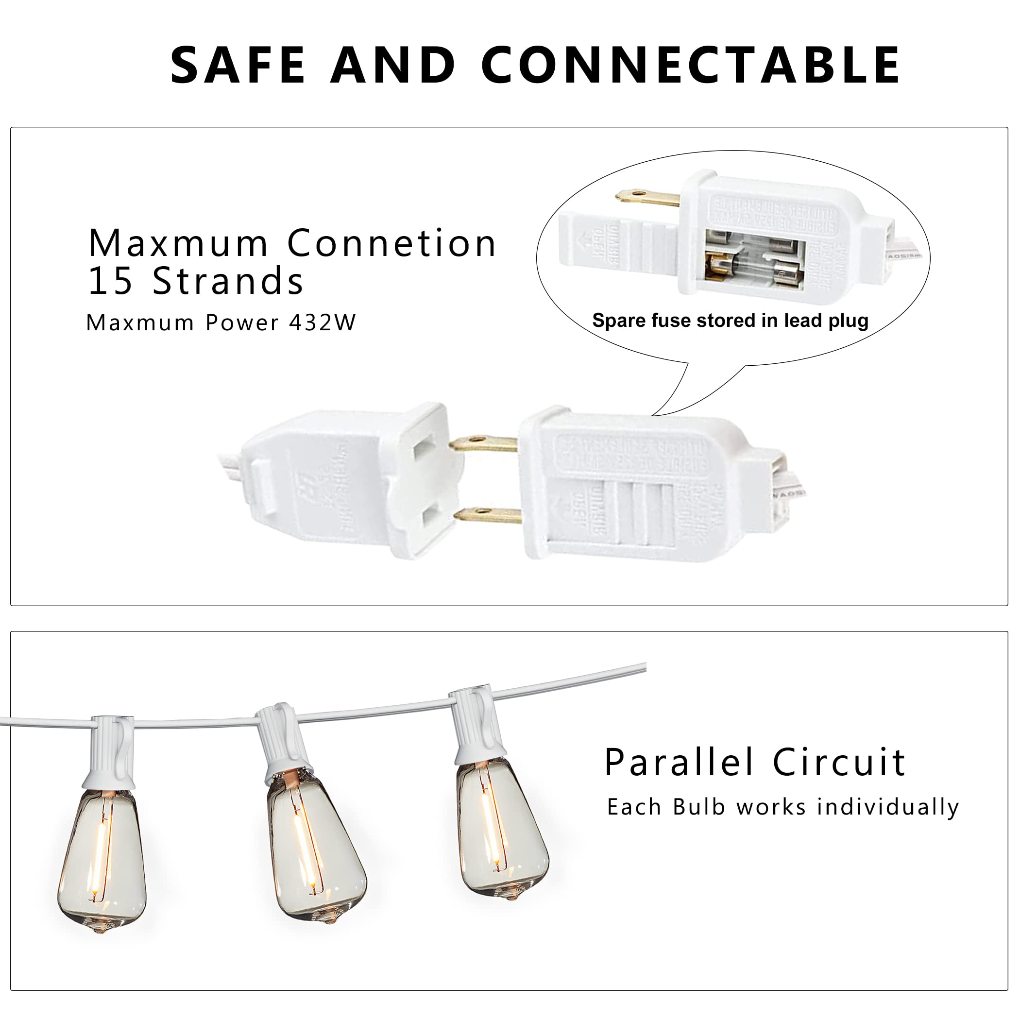 DAMAING LED Outdoor String Lights 100FT with 52 Shatterproof Bulbs, Dimmable, Waterproof, White, Model US100050-White
