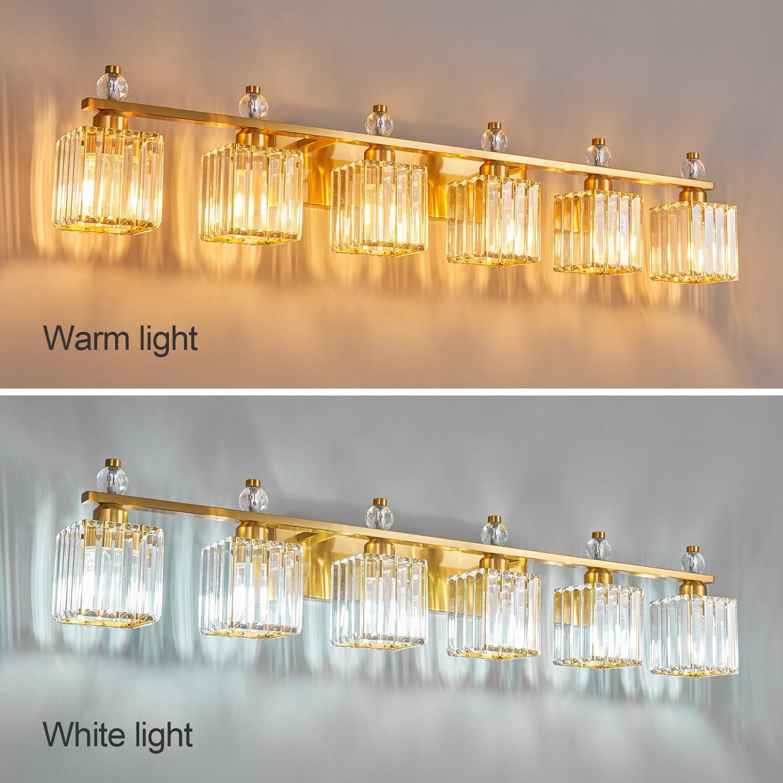 Fdpby 6-Light Modern Crystal Vanity Light - Gold Metal Bathroom Fixture, Model 290
