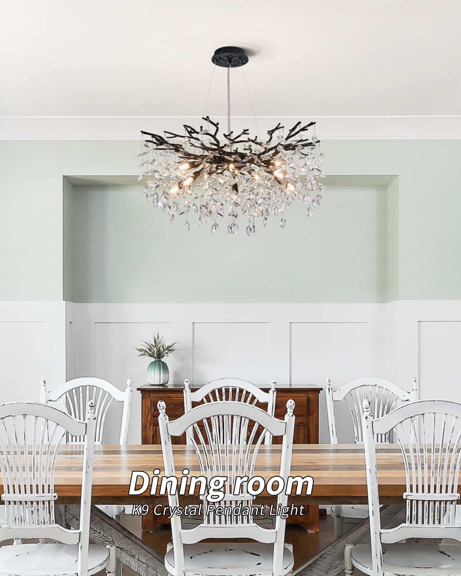 Witkey Modern Crystal Chandelier, 30" Black 10-Light Pendant Lighting for Dining Room, Kitchen, Bedroom, Living Room - Model CHL-2303-D760