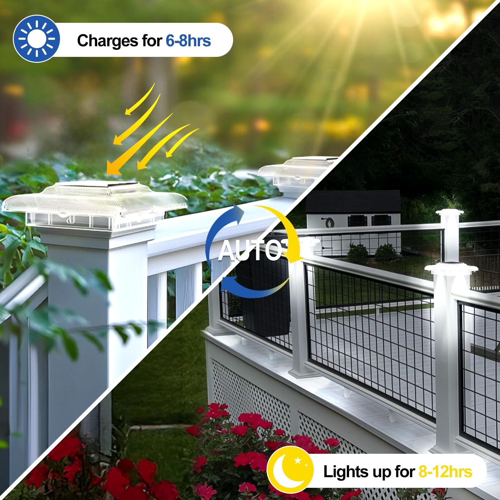 T-Sun Solar Post Cap Lights 4X4  Fence Post Solar Lights 6 Packs  Ip65 Waterproof Outdoor Lighting Smart Auto On/Off For Stairs Step  Vinyl Fence Tops  Deck  Patio  Garden (Warm/Cool White)