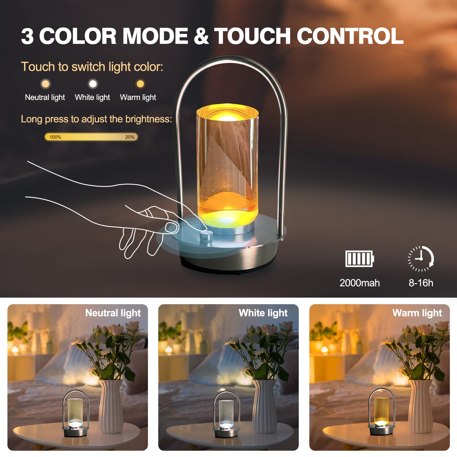 Kipliko Modern Acrylic LED Table Lamp, Arched Metal Frame, Adjustable Brightness, Tri-Color Light, Silver, Model CLL-3C-S