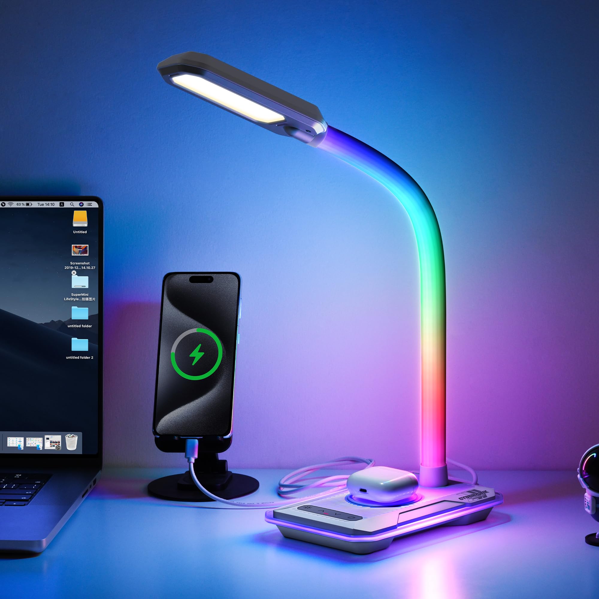 WILIT LED Desk Lamp with Wireless Charger, RGB Color Changing Gaming Lamp with USB Charging Port, Touch Control Table Lamp with 
