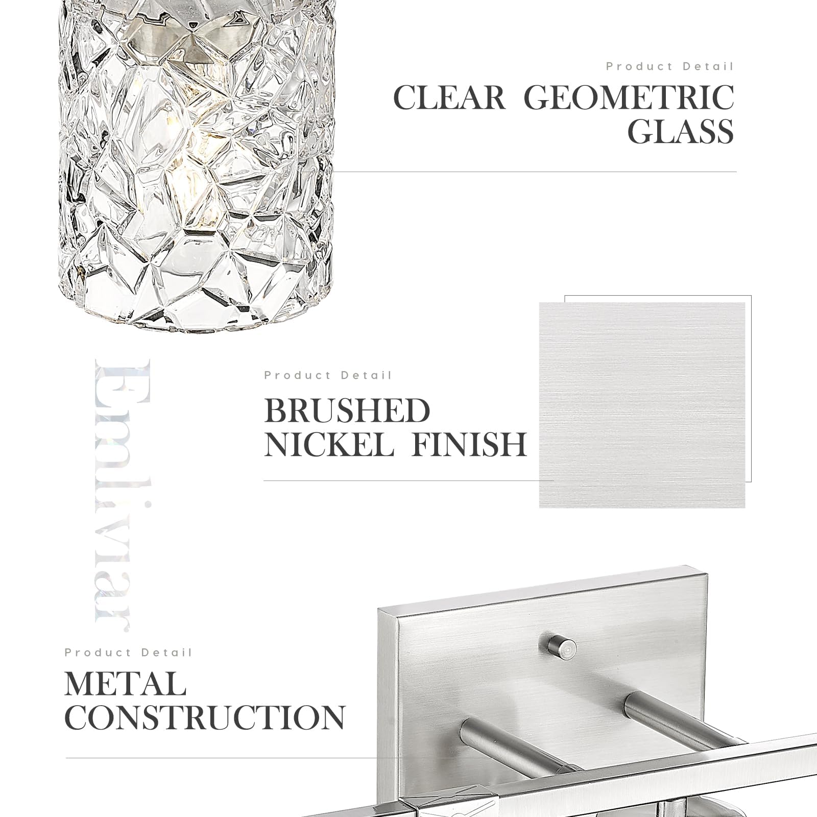 Emliviar 5-Light Modern Bathroom Vanity Light With Clear Geometric Glass, 40    Modern Brushed Nickel Bathroom Wall Light, E26 B