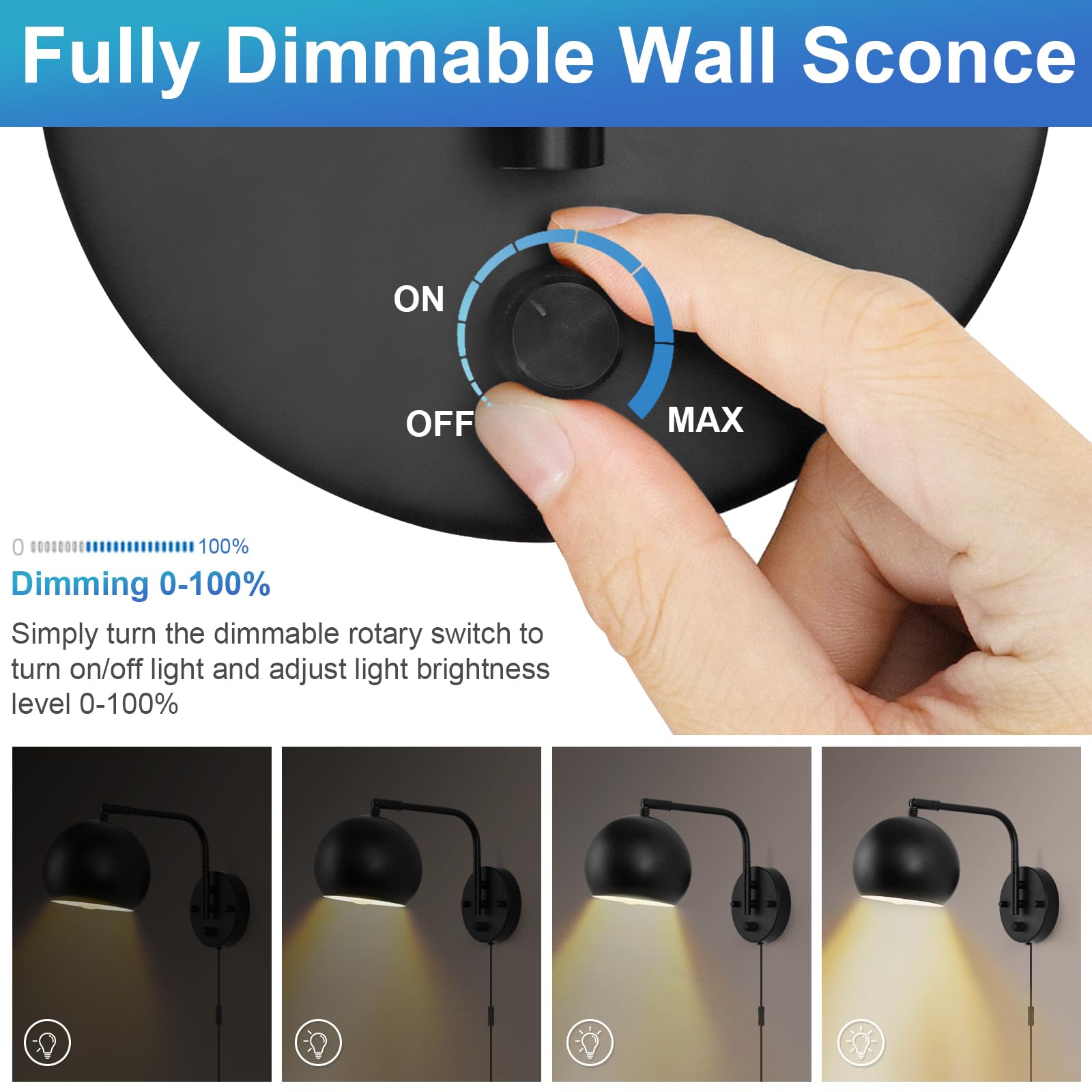 Vatoni Plug In Wall Sconces, Dimmable Wall Sconce Swing Arm Wall Lights With Plug In Cord And Dimmer On/Off Knob Switch, Black G