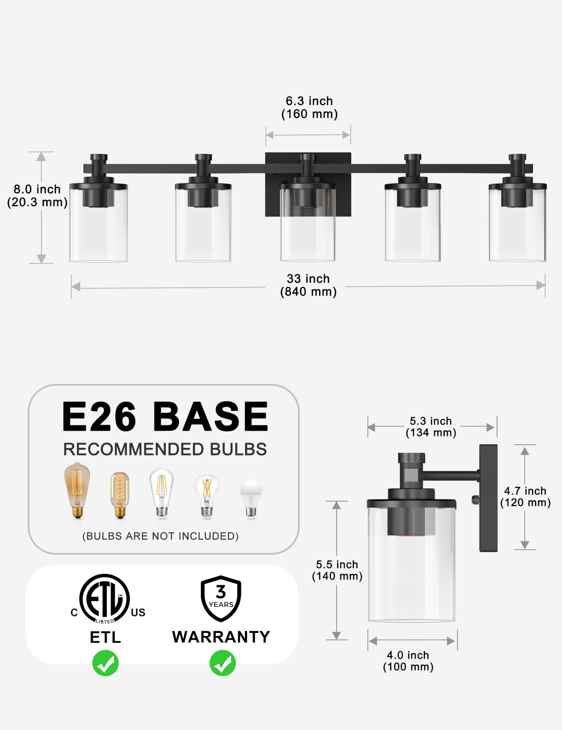 L LOHAS LED 5-Light Bathroom Vanity Light Fixture, Black Metal with Clear Glass Shade, Modern Design for Mirror or Hallway