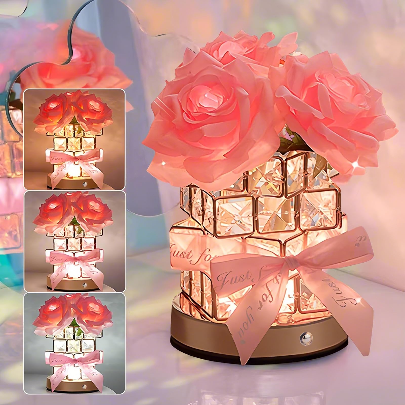 Rose Flower Lamp,Rose Gifts for Women Mother,Rechargeable Cordless Touch Small Flowers Night Light,3-Colour Stepless Dimming Cry
