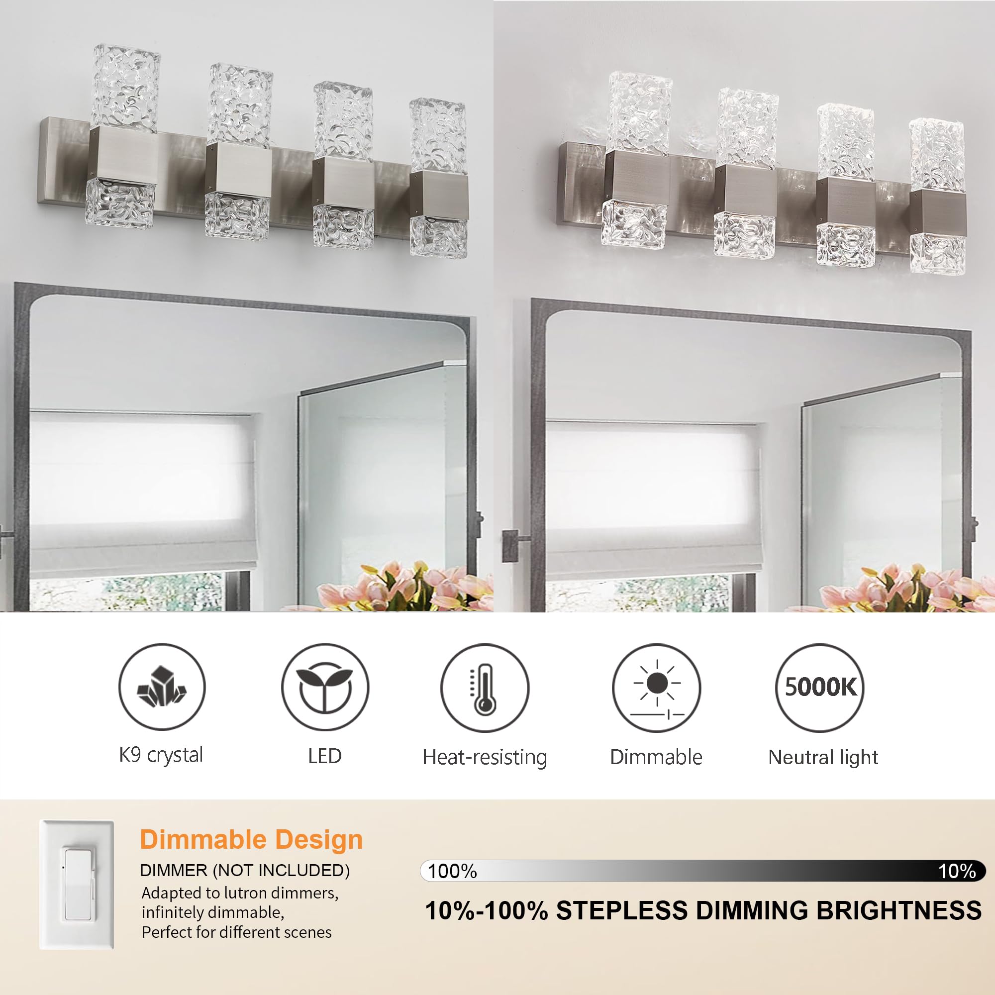 Oylyw Brushed Nickel Dimmable Led Bathroom Vanity Light Fixtures - 4 Light 6000K Over Mirror