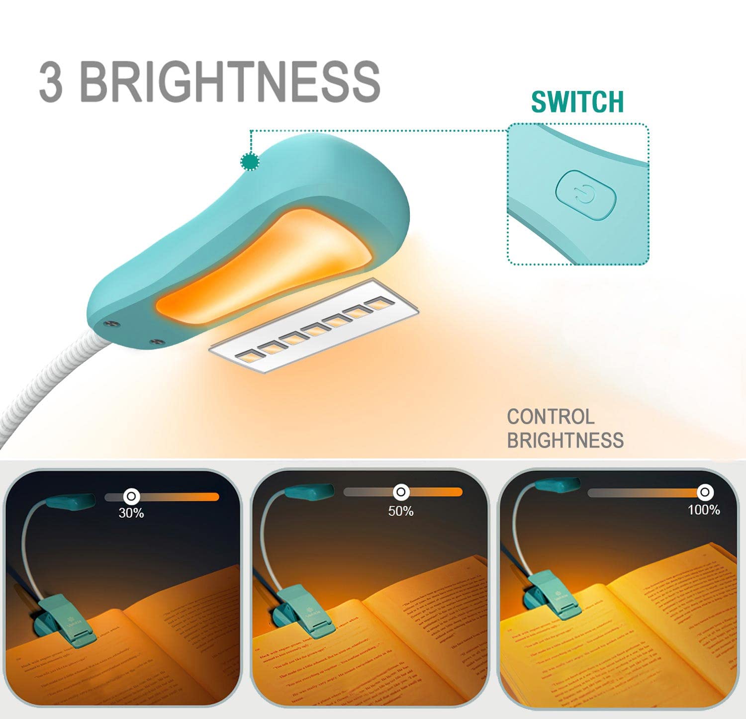 Vekkia Rechargeable Amber Reading Light, Book Light for Reading in Bed, 3 Levels, Up to 70 Hours Reading, Gift for Bookworms, Tr