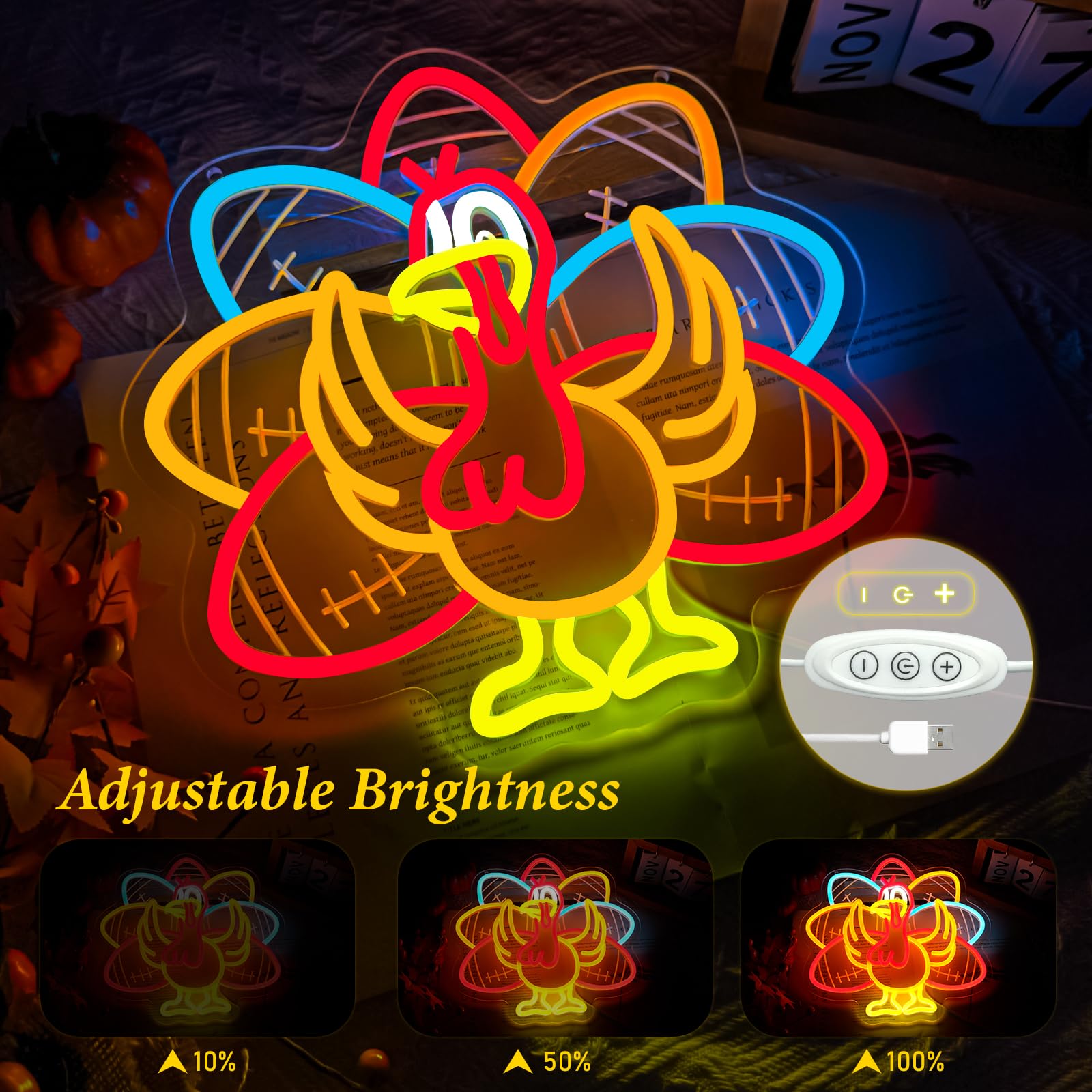 Innovtools Turkey Football Neon Sign  Thanksgiving Led Neon Lights With Usb Powered  Dimmable Light Up Sign For Give Thanks Fall Game Day Man Cave Window Wall Hanging Home Party Room Decor