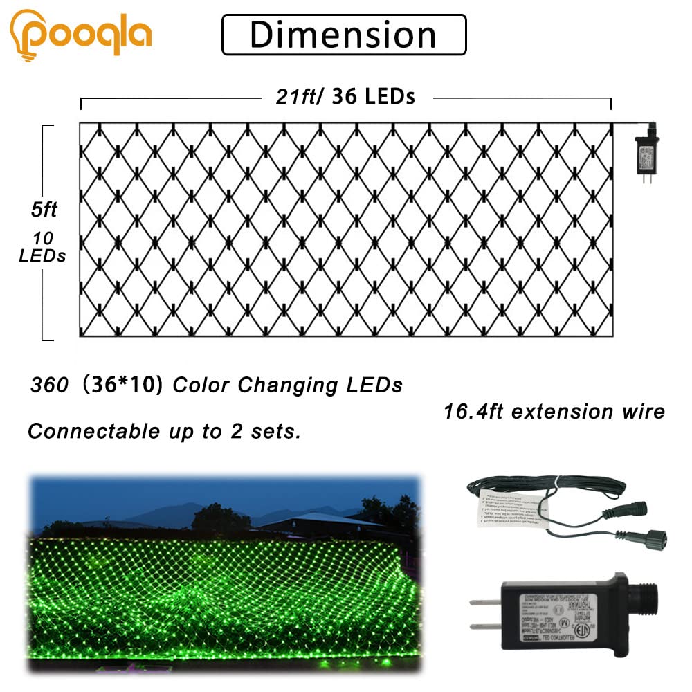Pooqla 360 LED Green Net Lights, 21 ft x 5 ft Outdoor Mesh Light, 8 Modes for Party and Holiday Decor