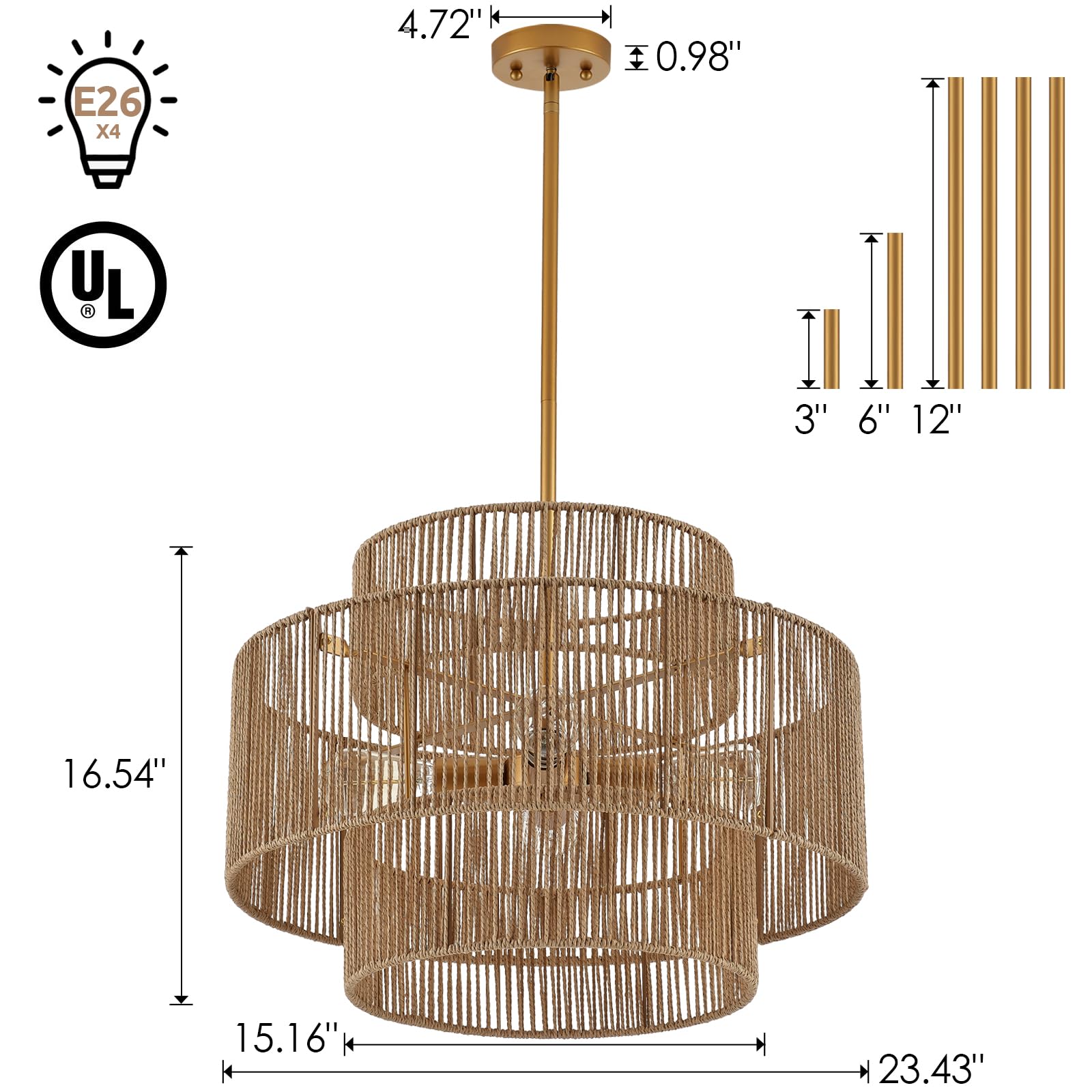 ELYCCUPA 24” Boho Rattan Chandelier, 4-Light Adjustable Pendant for Kitchen, Dining, Living Room, Brass, Model 334-SCD-4