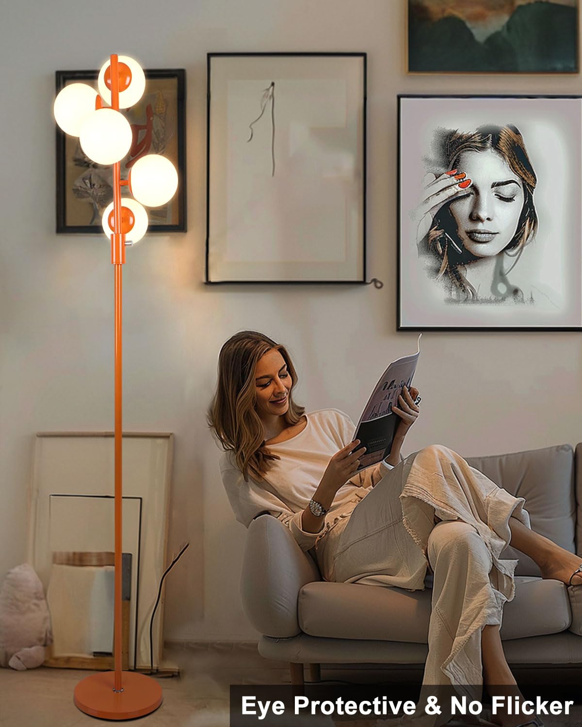 Lightdot 5-Globe Dimmable Globe Floor Lamp Orange Retro Standing Lamps With 5Pcs 3000K G9 Bulbs Stepless Brightness Adjustable M