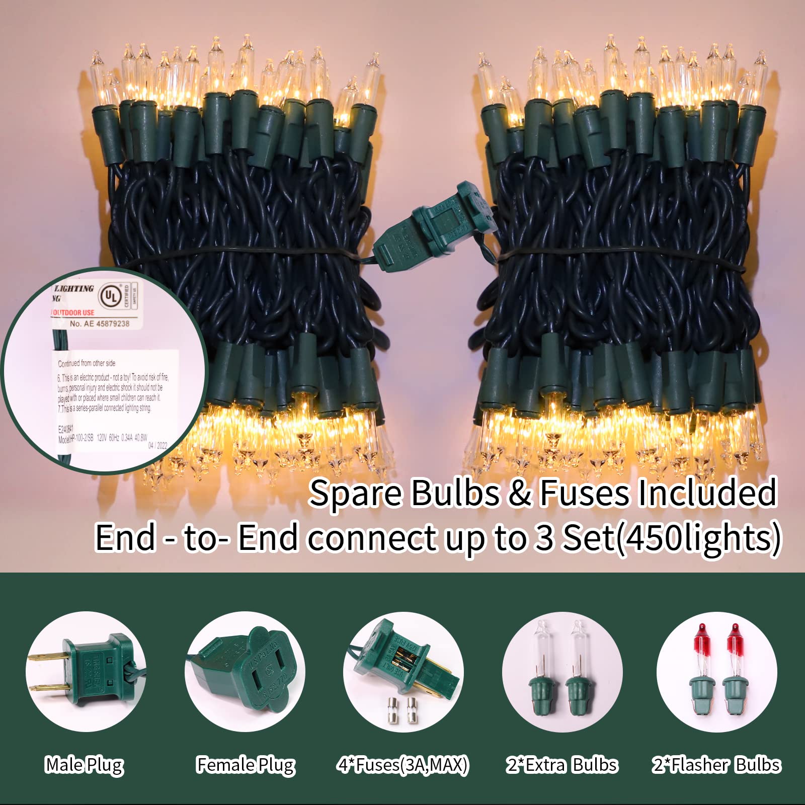 LAMPHOME 300 Count Warm White Christmas String Lights, 63.8ft, UL Certified, Clear Mini Bulb Set for Outdoor Decor (2pk of 150L)