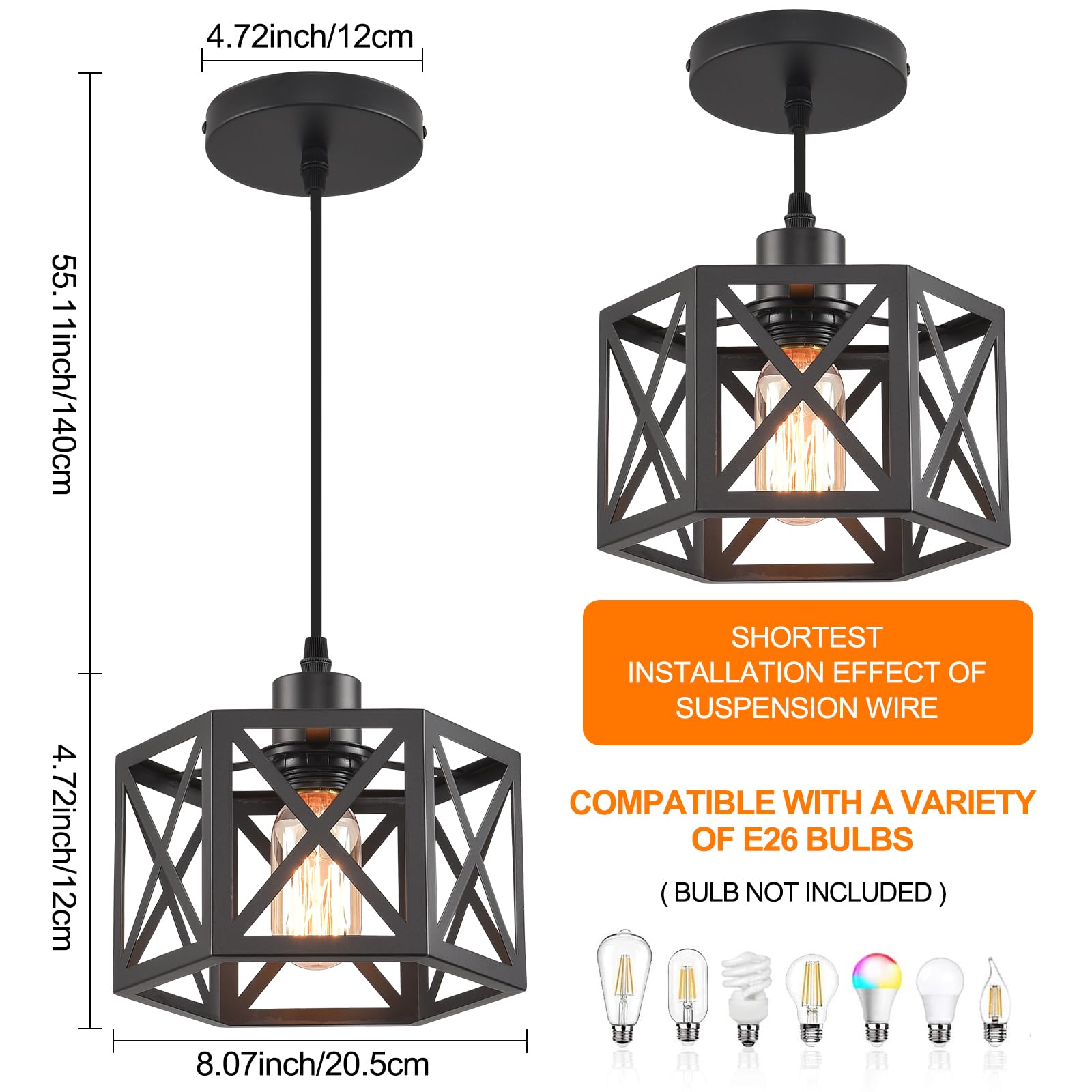 CAFULAM Farmhouse Pendant Light Fixture - 2 Light, Metal, Adjustable Height, Black Hexagon Lantern for Kitchen Island