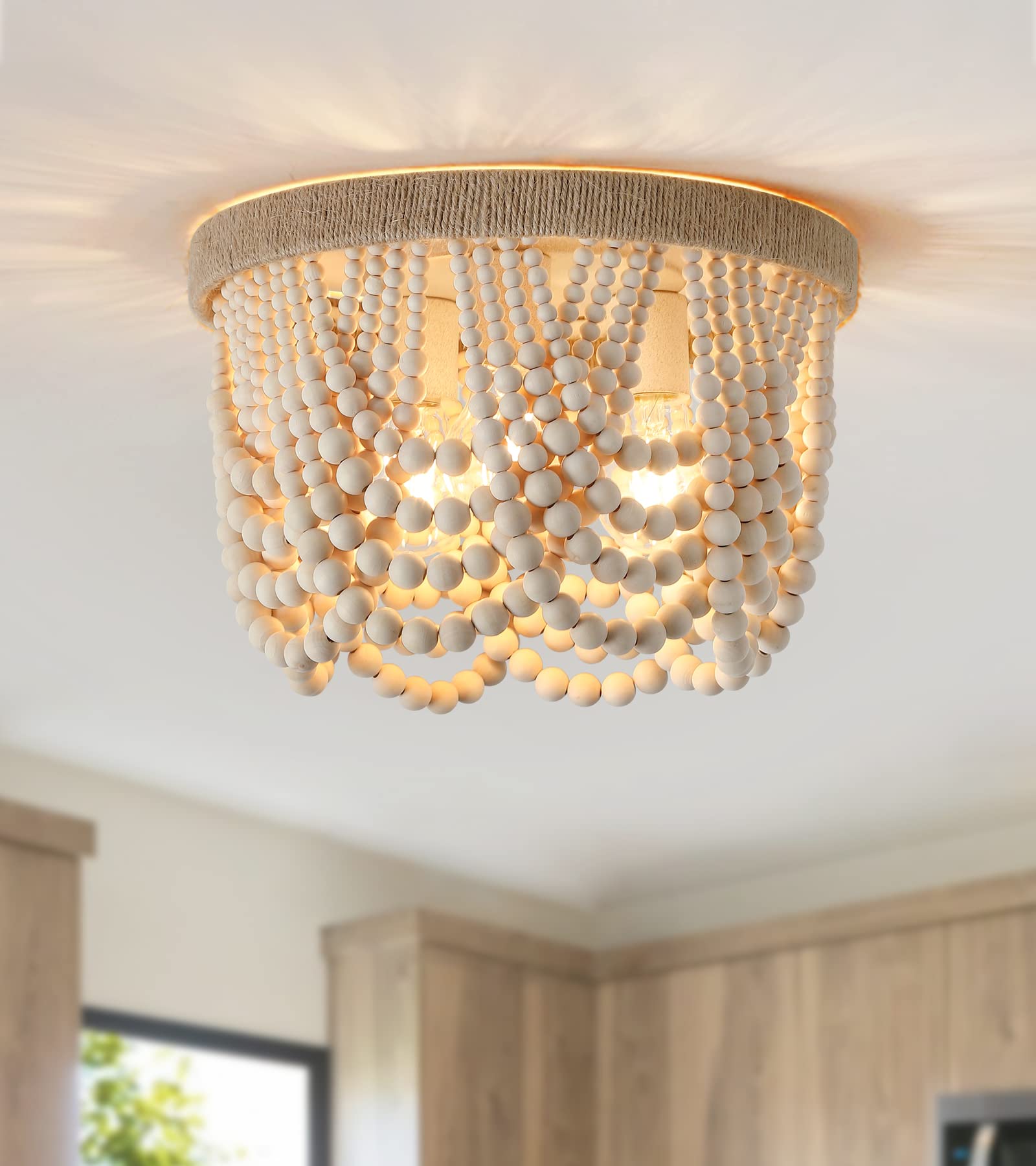Amzasa Wood Beaded Flush Mount Ceiling Light Farmhouse Rustic Small Boho Chandelier Light Fixture For Bedroom Hallway Entryway Closet Kitchen Dining Room Living Room Nursery 3-Lights