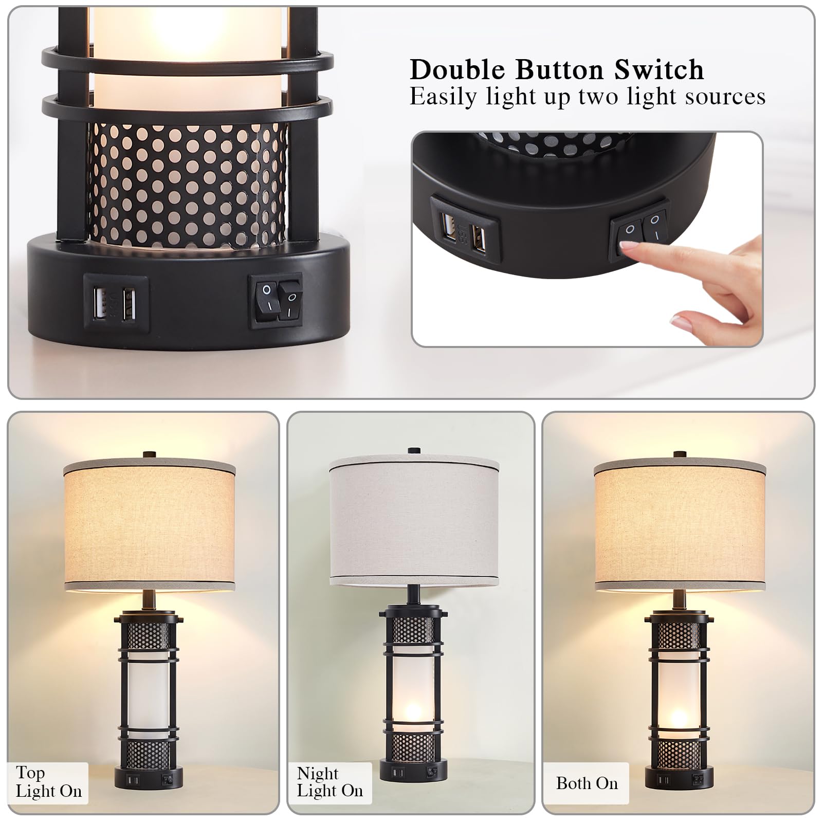 Aieampdo Set Of 2 Modern Table Lamps For Living Room, Contemporary Nightstand Lamp With Dual Usb Port, Bedside Lamps With White