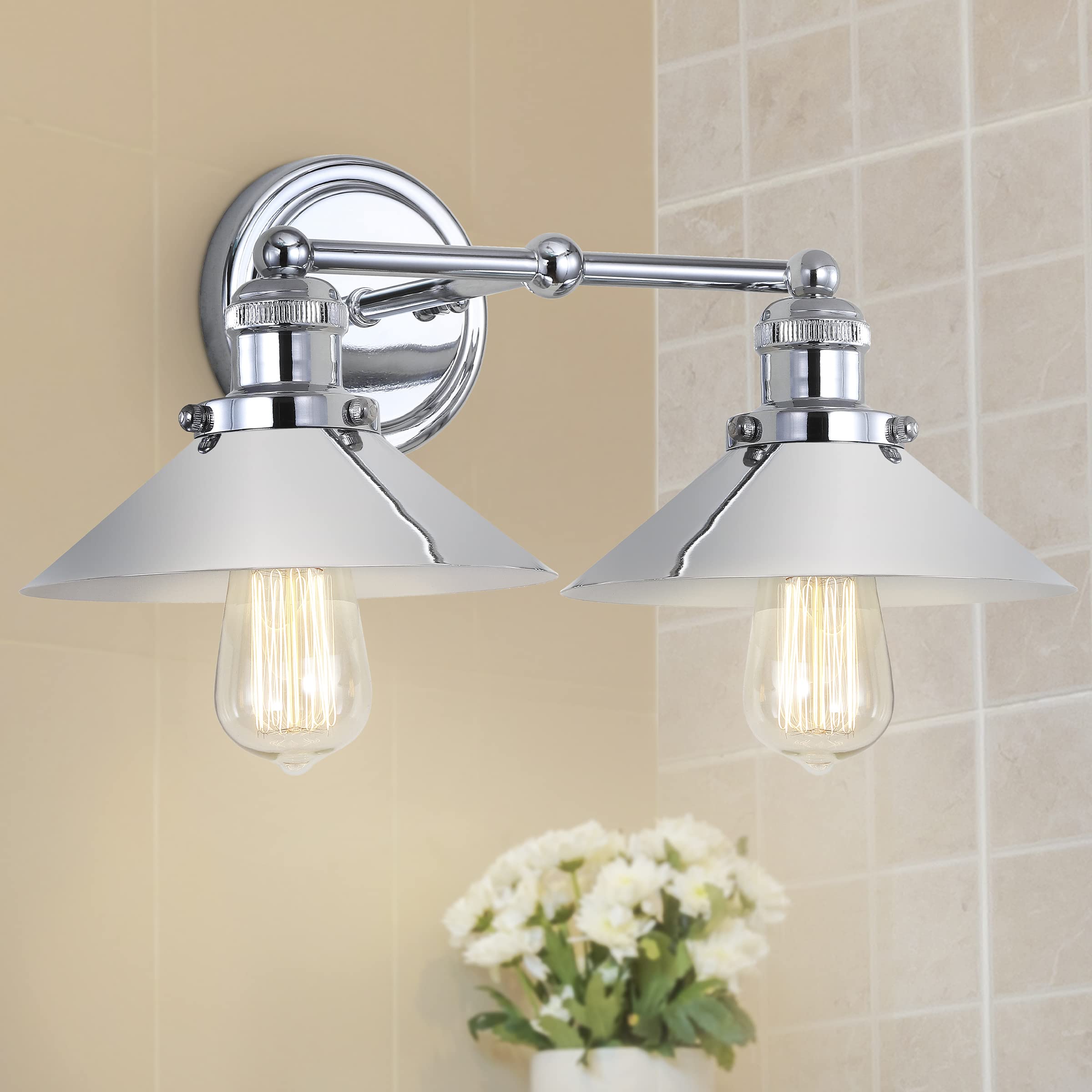 JONATHAN Y 2-Light Metal Shade Farmhouse Sconce, Chrome, Model JYL7424A, Includes Edison 25W Bulbs, Ideal for Bedroom and Bathroom