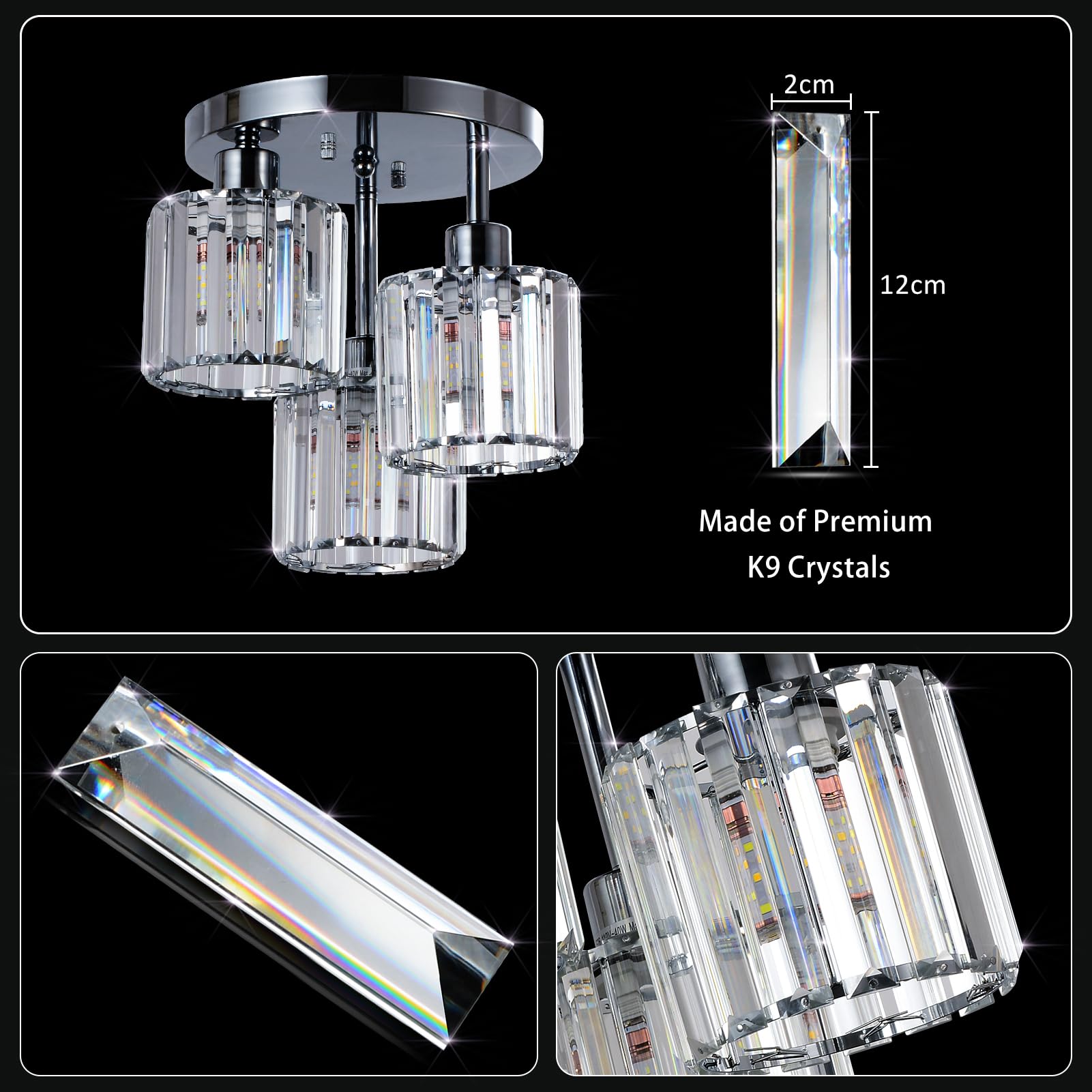 Pauful Semi Flush Mount Ceiling Light,3-Light Modern Close To Ceiling Light Fixtures,Kitchen Light With Clear Crystal Shades, Ha