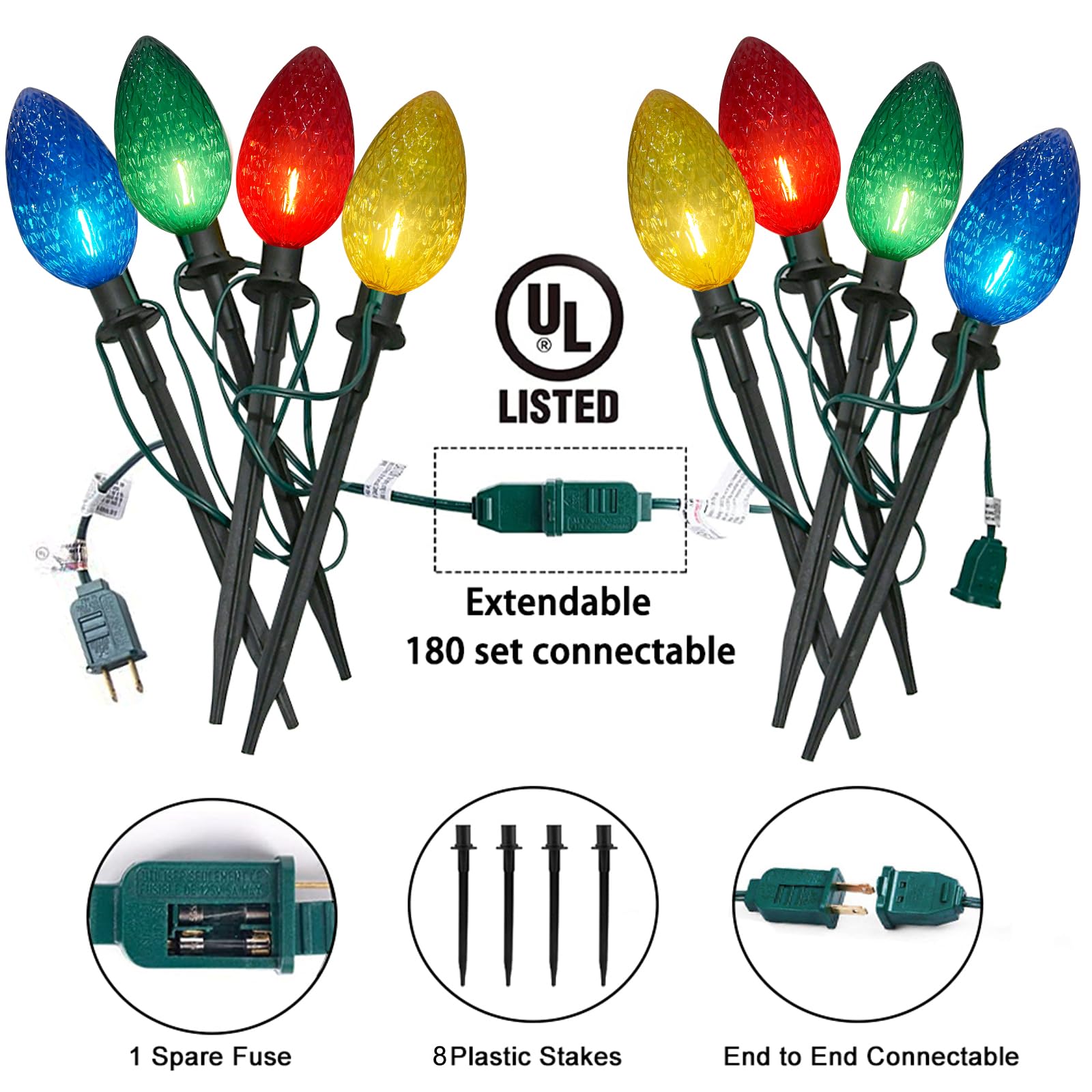 Abeja C9 Christmas Multicolor Pathway Lights, 2 Pack 7Ft Outdoor Pathway Markers Lights With 8 Jumbo C9 Led Multicolor Bulbs, Co