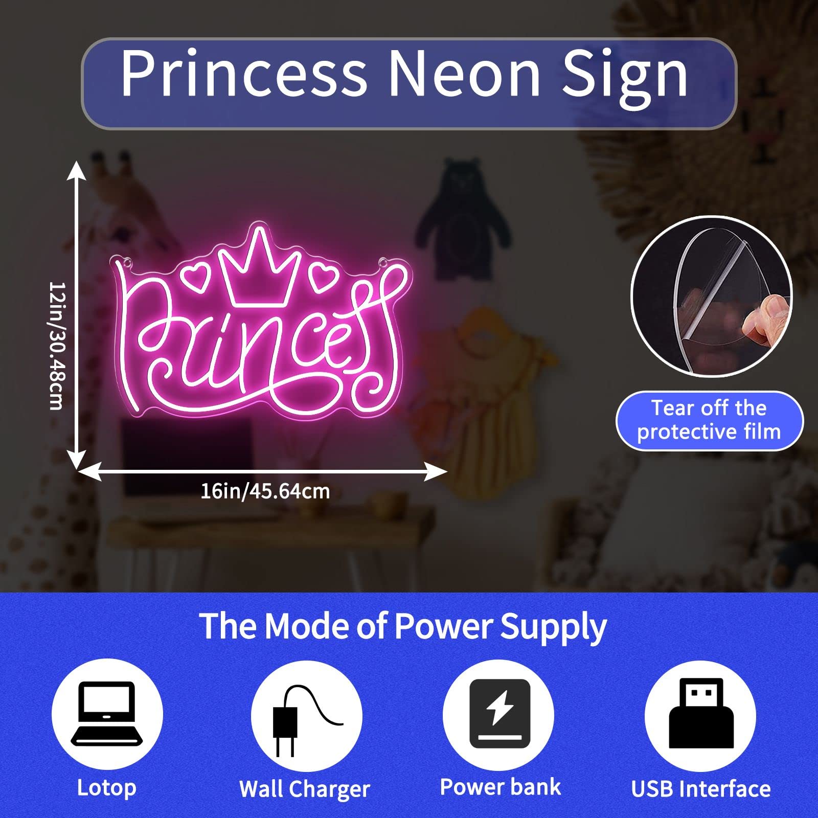 Princess Neon Signs For Wall Decor  Large Led Lights Sign Unique Art Ornaments With Switch  Chirstmas Birthday Party Decoration  Gift For Girl Boys.