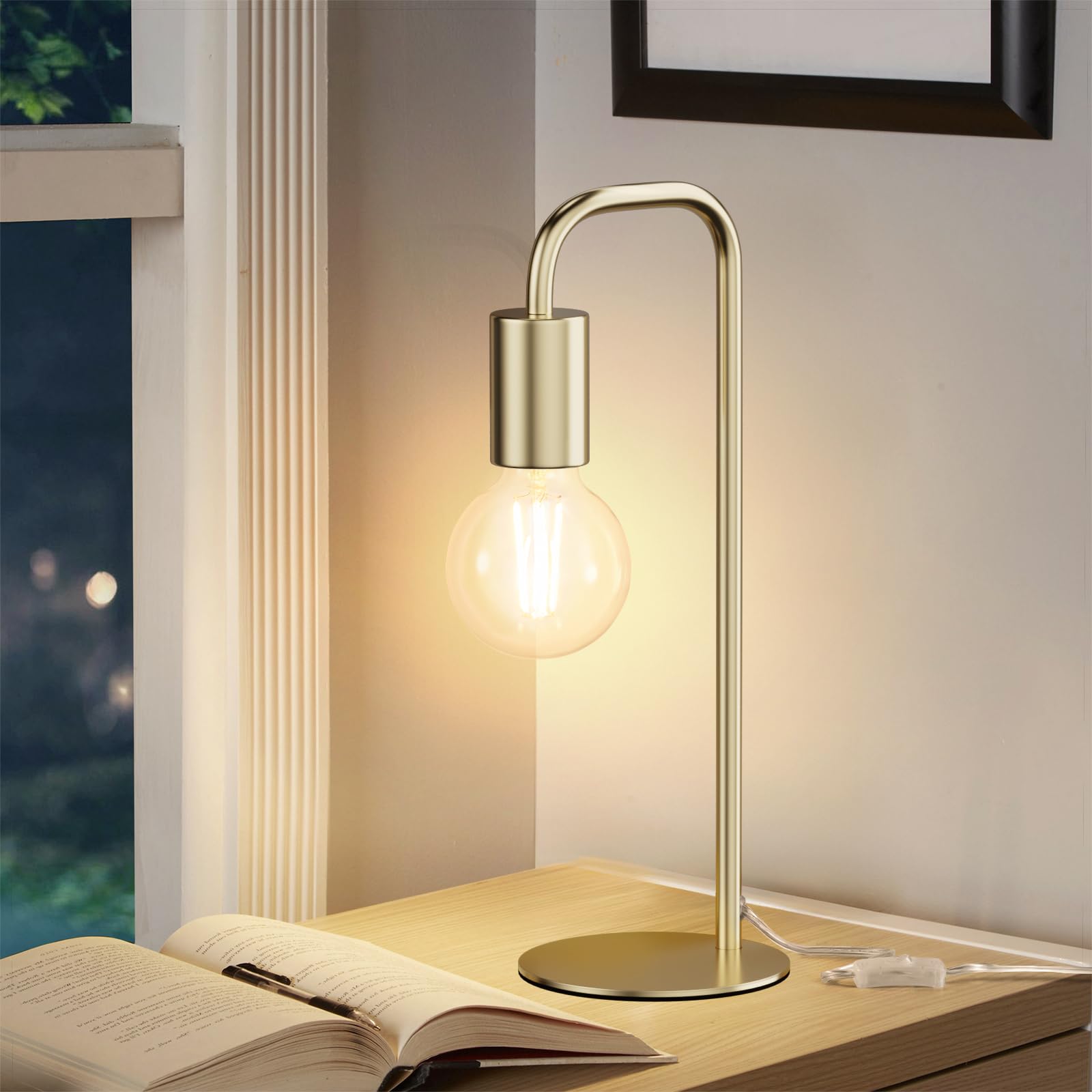 Iporovon Industrial Table Lamp for Bedroom, Modern Side Table Lamps for Nightstand with Wire Switch, E26 Socket Base, Bedside De