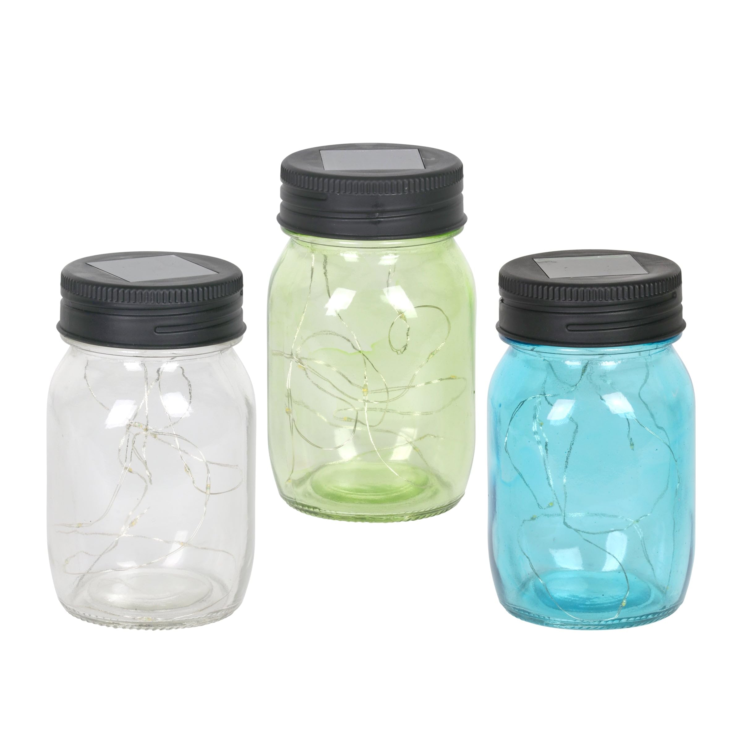 Exhart Solar Mason Jars Set of 3 Glass Lanterns with 12 LED Lights 3.5 x 5.5 Inch Multicolor Model 05818