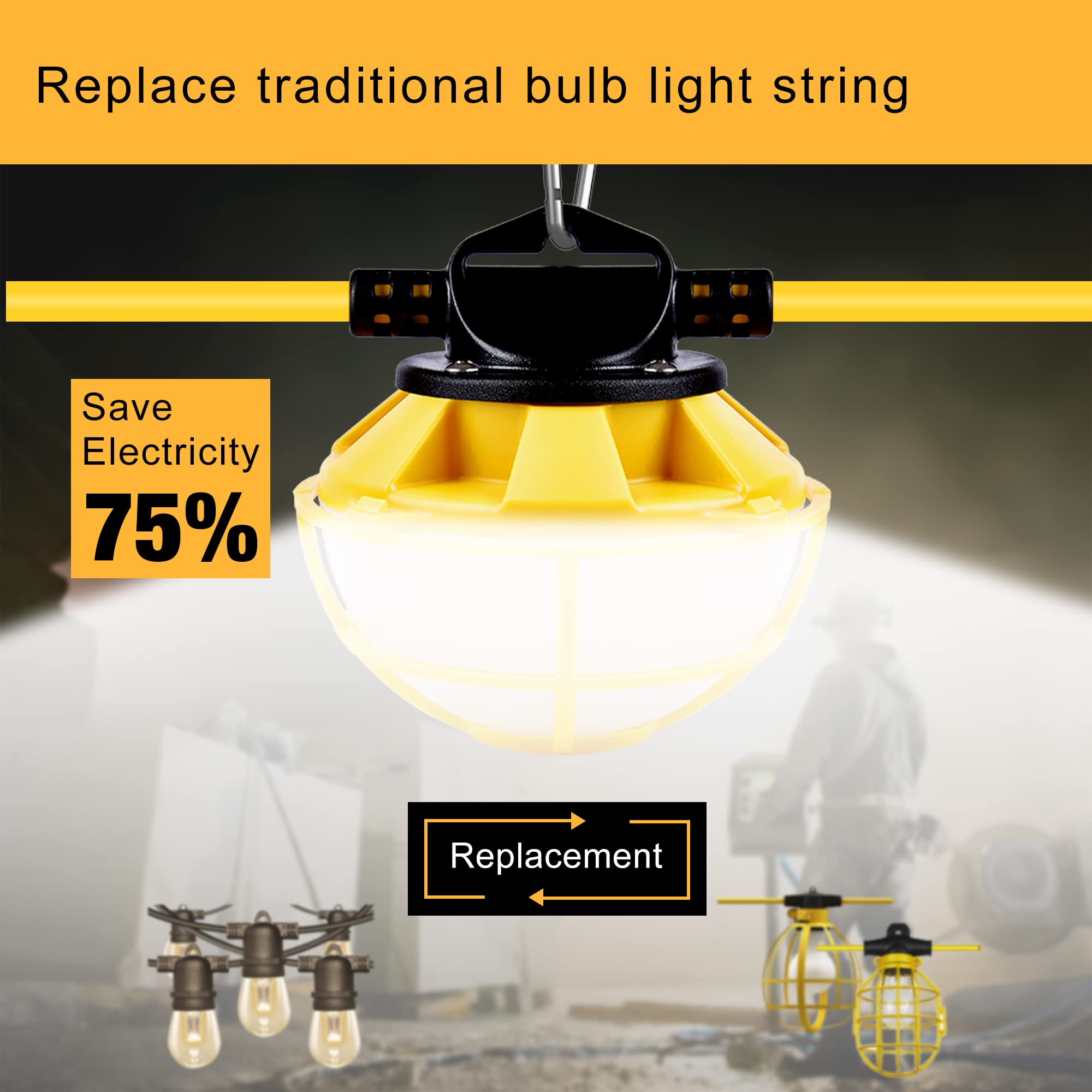 100Ft Construction String Lights With Protective Cage, Ip65 Waterproof Led String Work Lights, 5000K Daylight 18Awg Wire Linkable Temporary Construction Lights For Jobsite With 10 Bulbs & Hooks