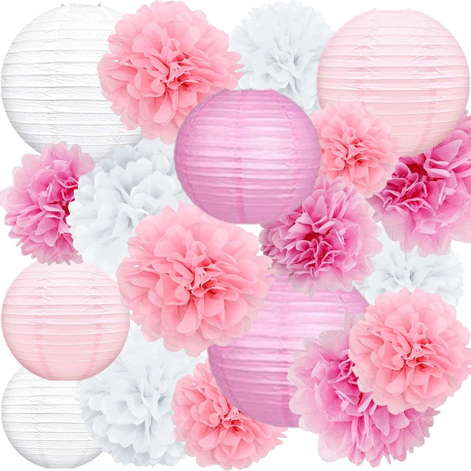 Celehappy Pink Paper Lanterns - 18pcs Tissue Paper Pom Poms for Baby Shower, Wedding, Birthday - Variety Pack, Hot Pink/Pink/White