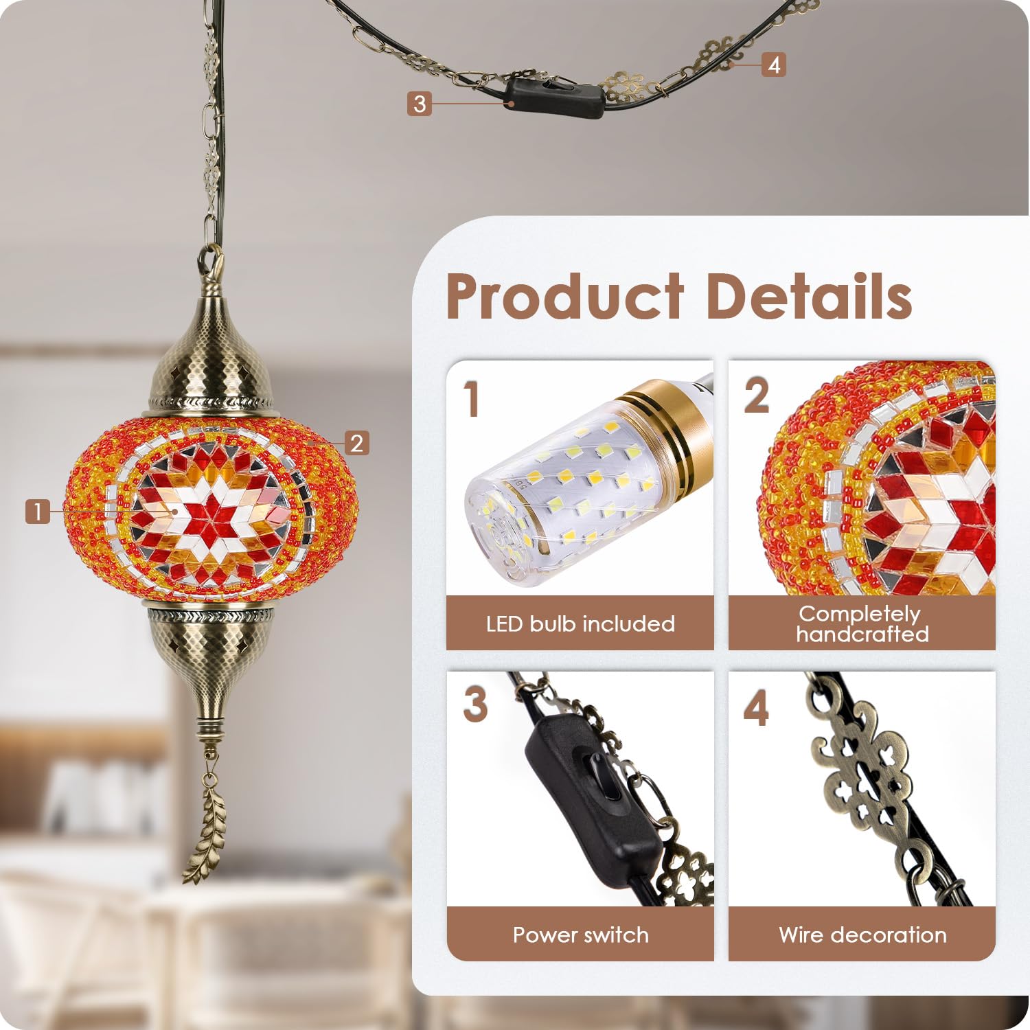 Yarra-Decor Turkish Moroccan Pendant Light - Tiffany Style Mosaic Ceiling Lamp For Bedroom, Living Room - 15-Foot Cord, Red1, Model Ptr-1A-Red1