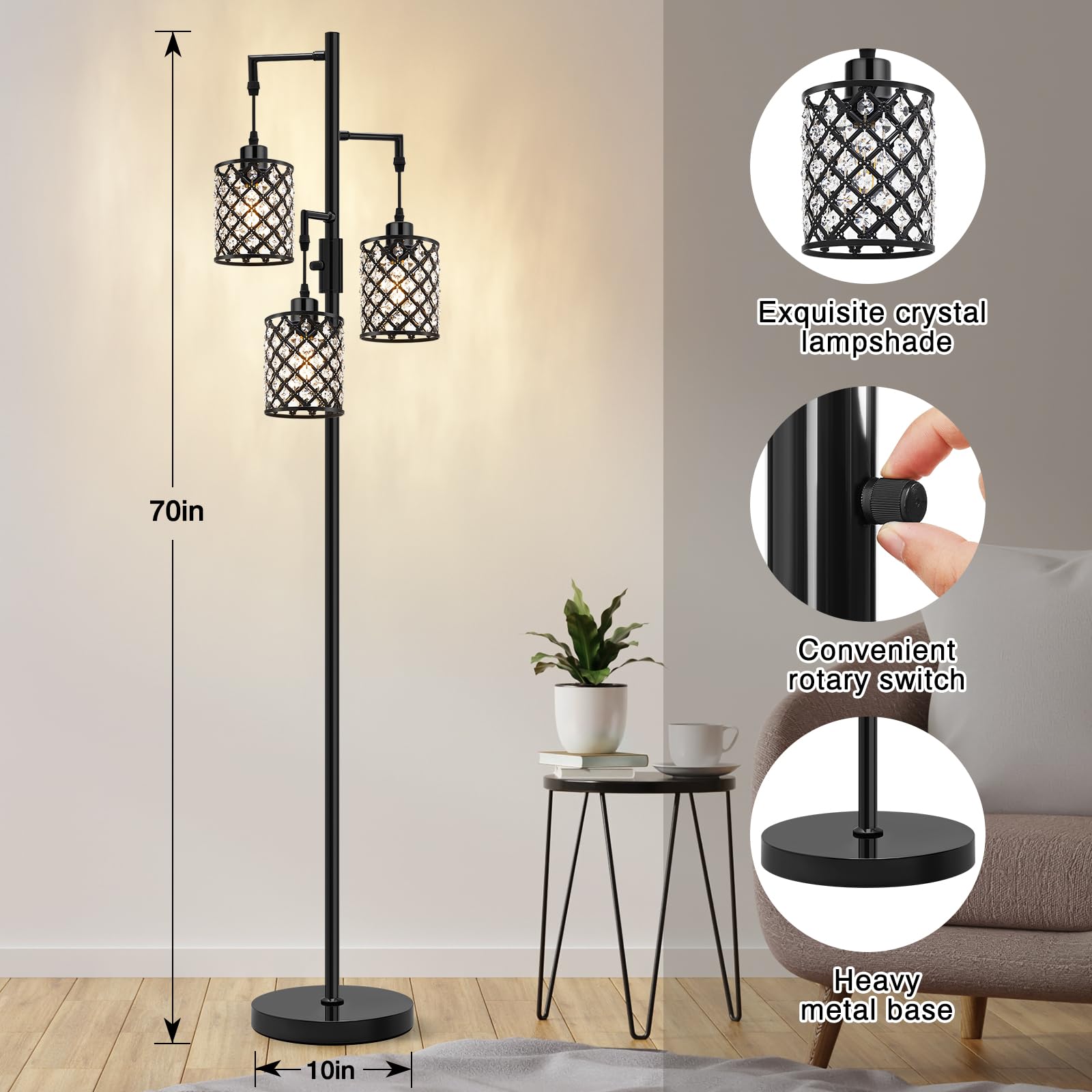 GyroVu 3-Light Black Floor Lamp with K9 Crystal Shade, Modern Design for Living Room & Bedroom, Model G-1FL-1769C