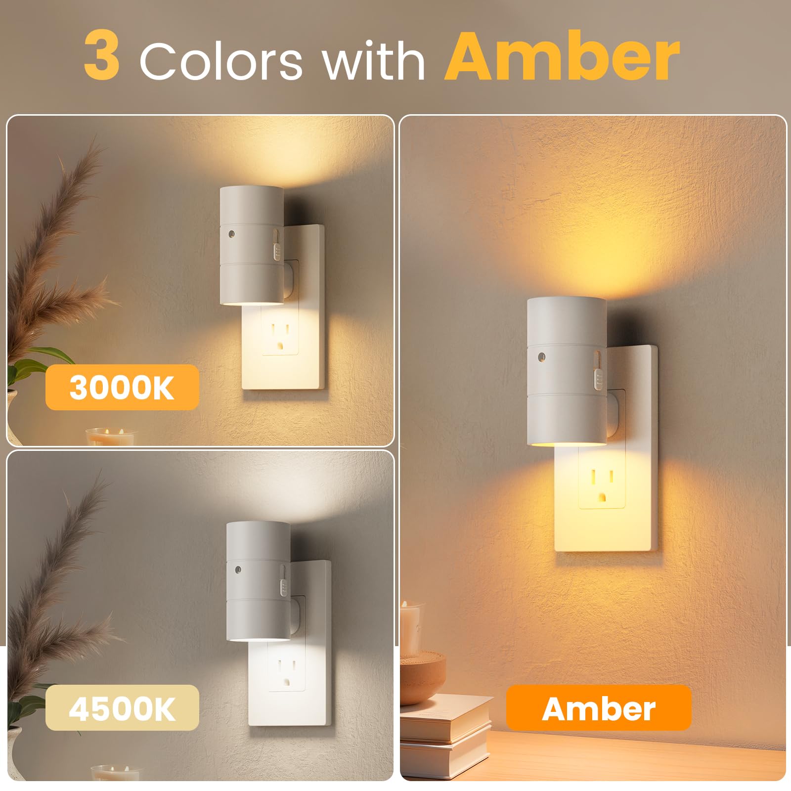 VOLISUN Dimmable LED Night Light, Adjustable Brightness, 2 Pack, Amber/3000K/4500K, White, Model XYD001-amber