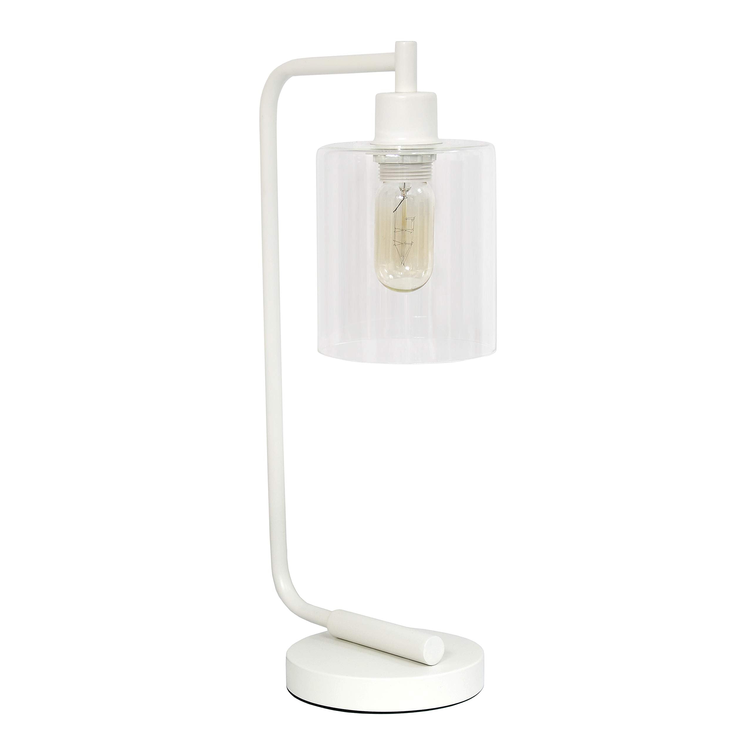 Simple Designs Bronson Industrial Iron Lantern Table Lamp, Glass Shade, White, Model LD1036-WHT, Regular Size