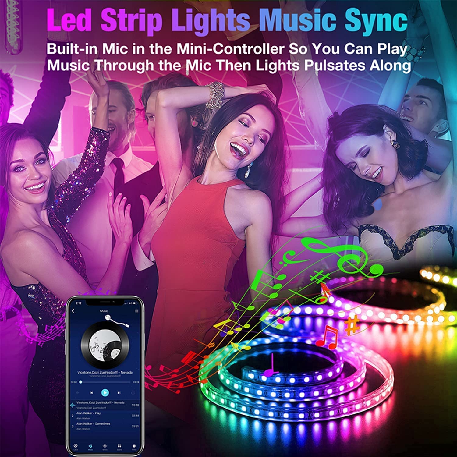 REEMEER Led Strip Lights 50ft RGB Color Changing Smart APP Control T-10 Plastic for Bedroom Kitchen Party