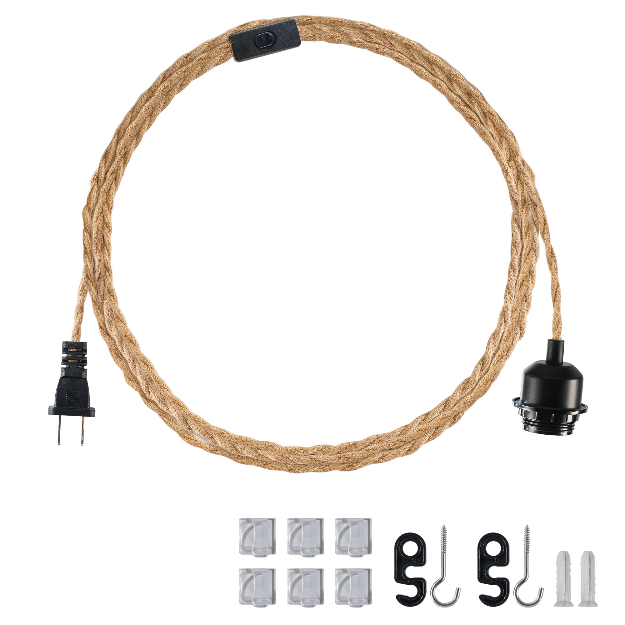 JACKYLED Hanging Lamp Cord Kit with Switch, 12FT Vintage Light Fixture, E26 Compatible, Black, Model JKPL02-5060001A