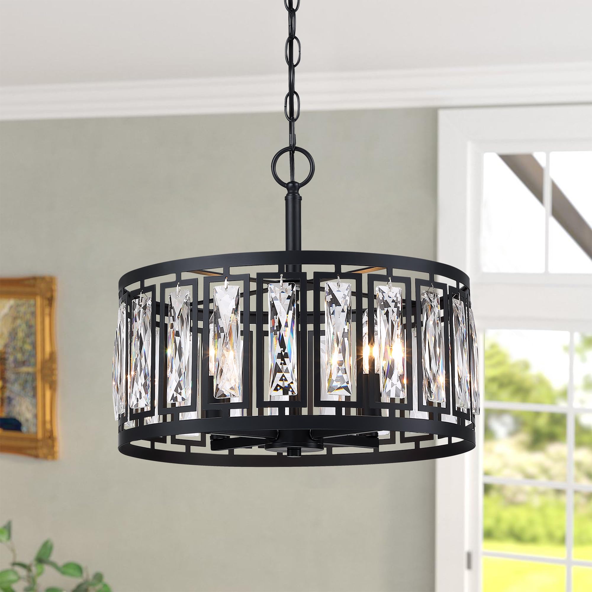 Giiland Modern Crystal Chandelier, 4-Light Pendant Fixture, Adjustable, Matte Black, Large, Model H210099-4CH-BK for Dining Room or Kitchen