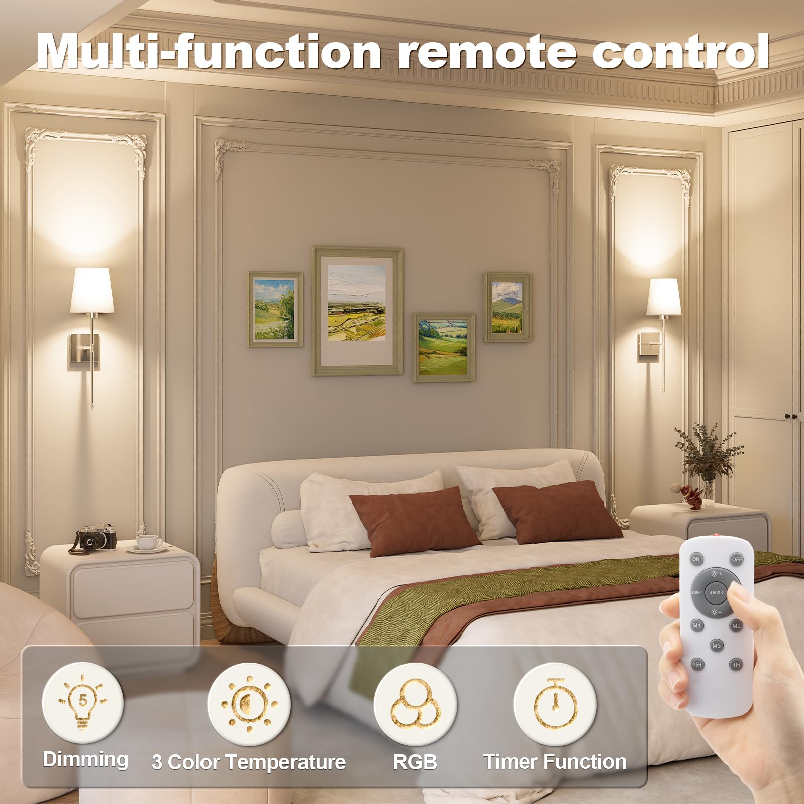 Jofios Battery Operated Wall Sconce Set Of 2, Rechargeable Wall Lights With 5200 Mah Detachable Bulbs And Fabric Shade, 7 Color