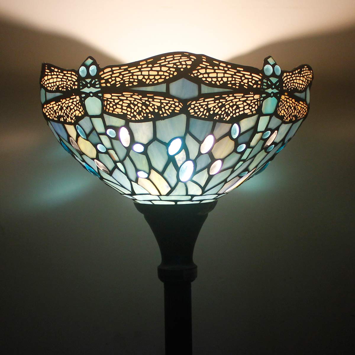 WERFACTORY Tiffany Lamp Shade Replacement, 12x6 Inch Sea Blue Stained Glass, Dragonfly Design, 1-5/8 Inch Fitter Opening, Model S147