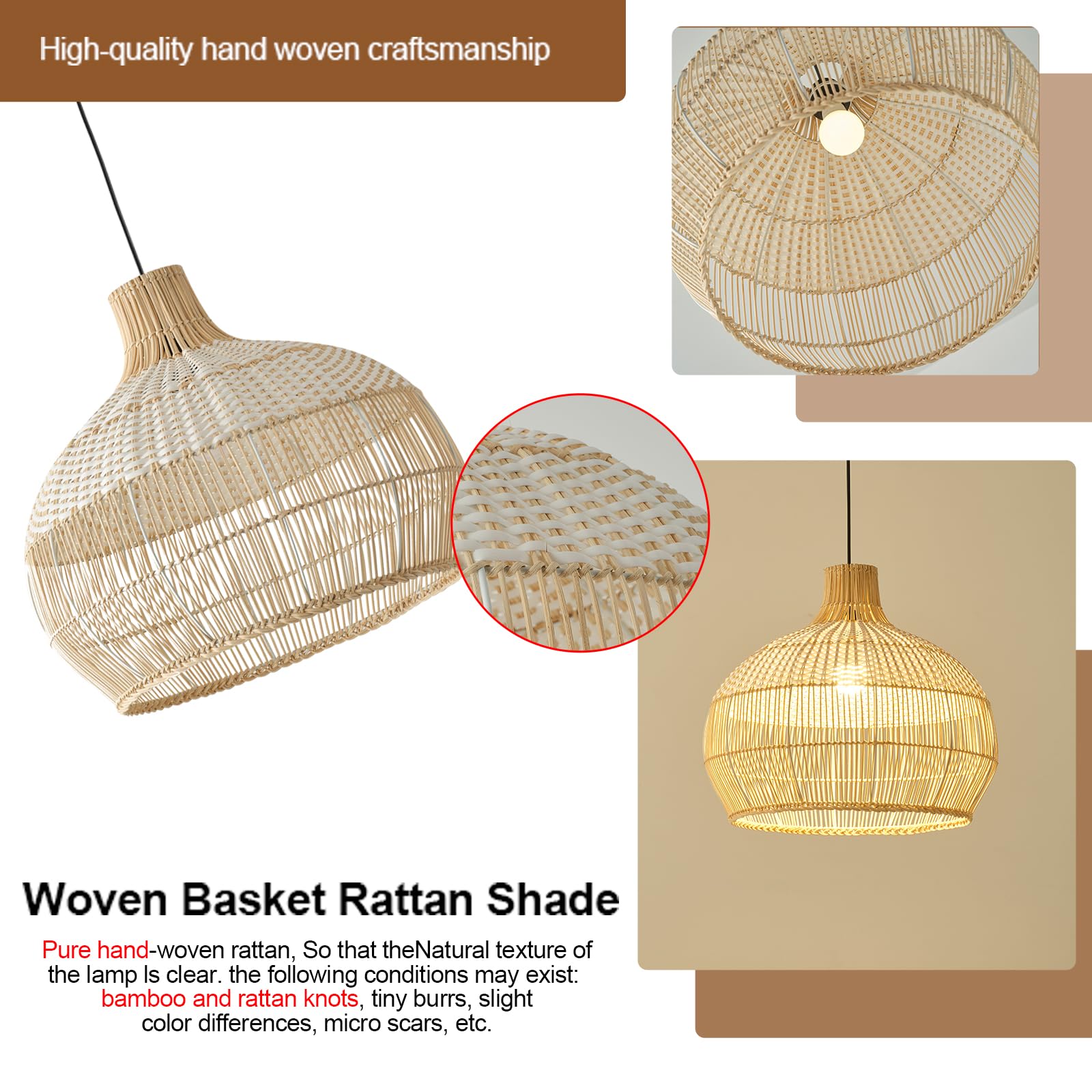 Teru Ji Kaikang 15" Rattan Pendant Light Fixture, Hand-Woven White Wicker Chandelier for Dining, Living Room, Kitchen