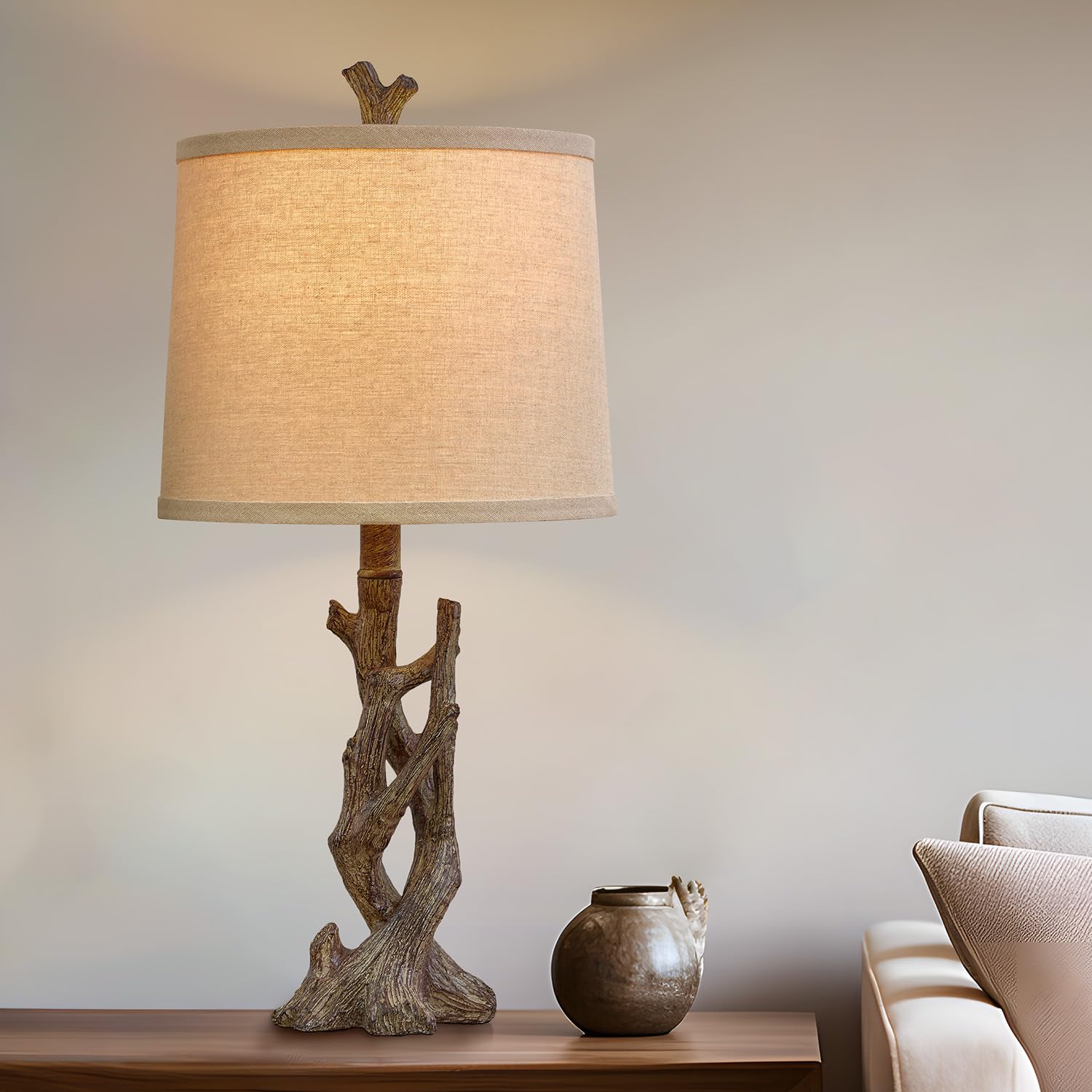 OYEARS Rustic Farmhouse Table Lamp, 23" Tree Trunk Design with Oatmeal Shade, Brown-3, Model AMZ-T1151GR for Bedroom & Living Room