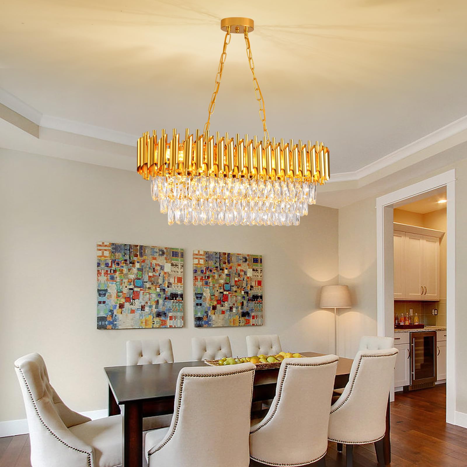 AKDXIRUN 8-Light Modern Crystal Chandelier, Gold, L32 inches, Oval Design for Dining Room, Living Room, Kitchen Island, Model XR00173